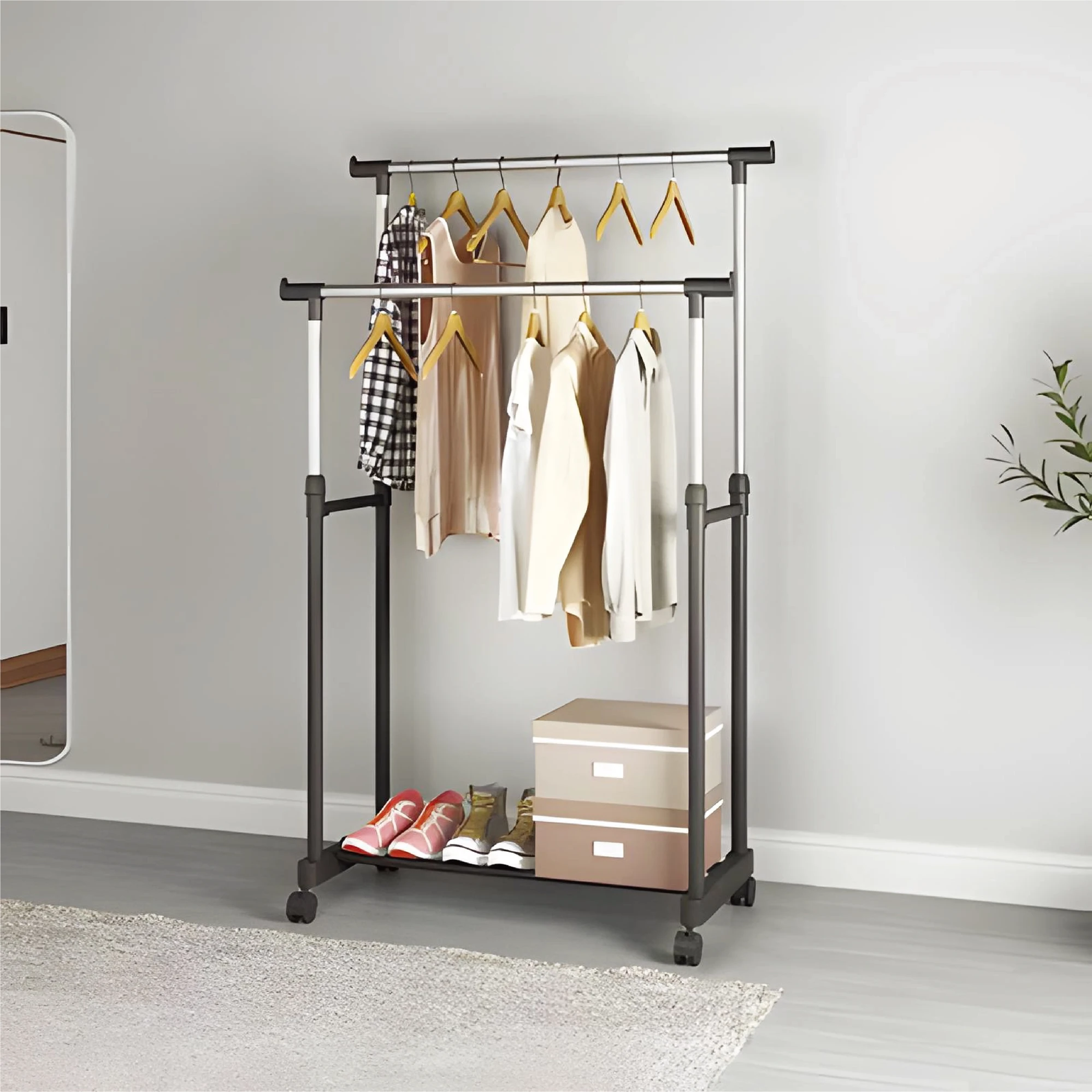 Double Rod Mobile Clothes Rack with Wheels and Storage Shelf