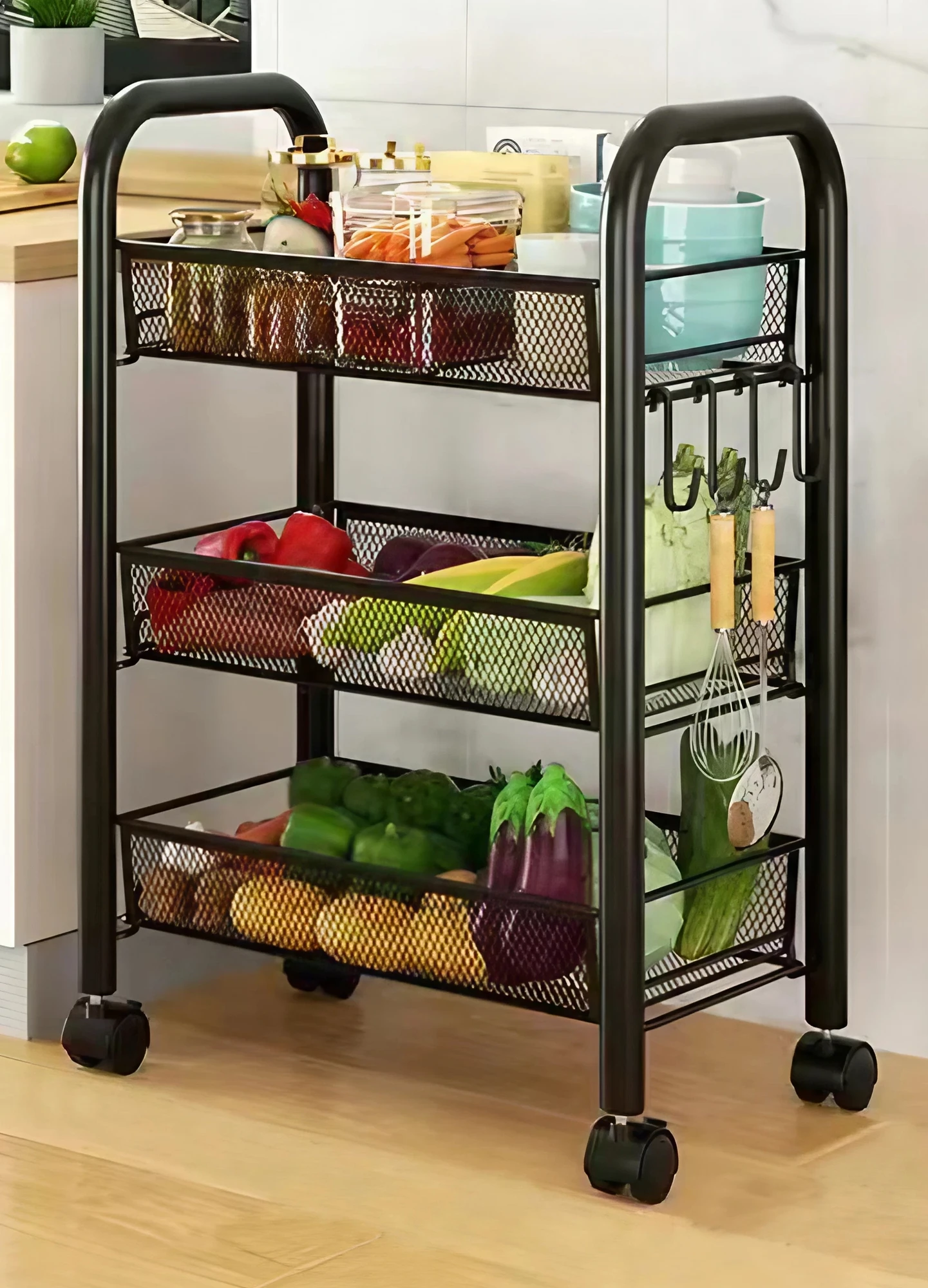 3-Tier Mesh Rolling Kitchen Cart