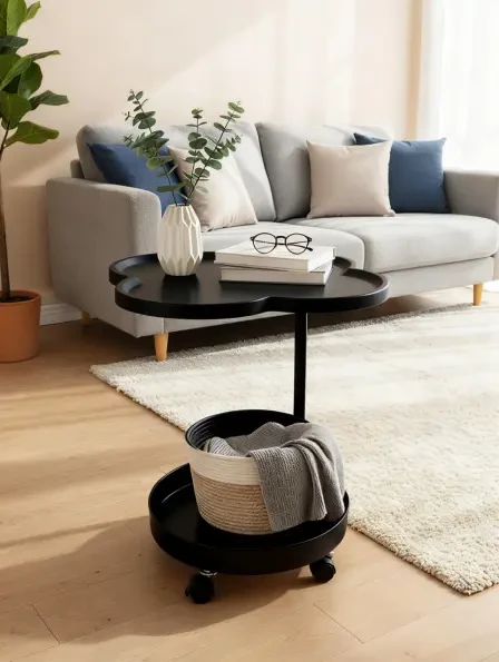 Two-tier black rolling side table with cloud-shaped top