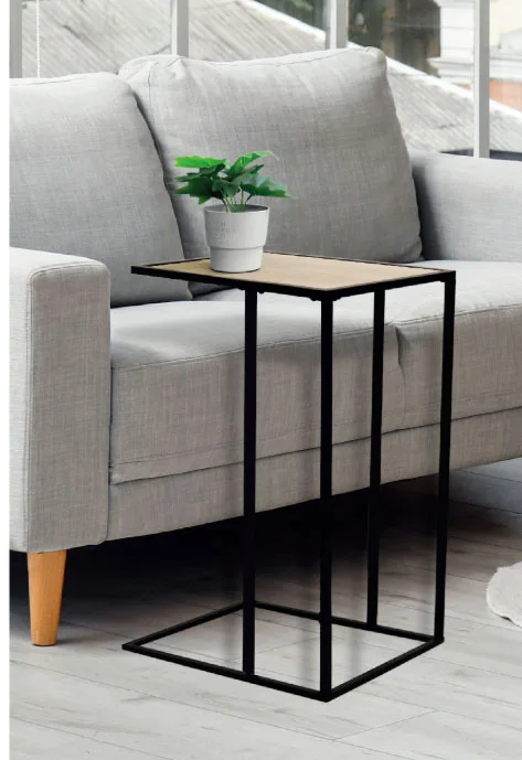 Light Wood Top Black Metal Frame Side Table