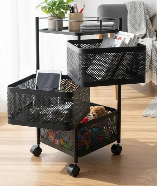 3-Tier Rolling Storage Cart with Perforated Metal Baskets