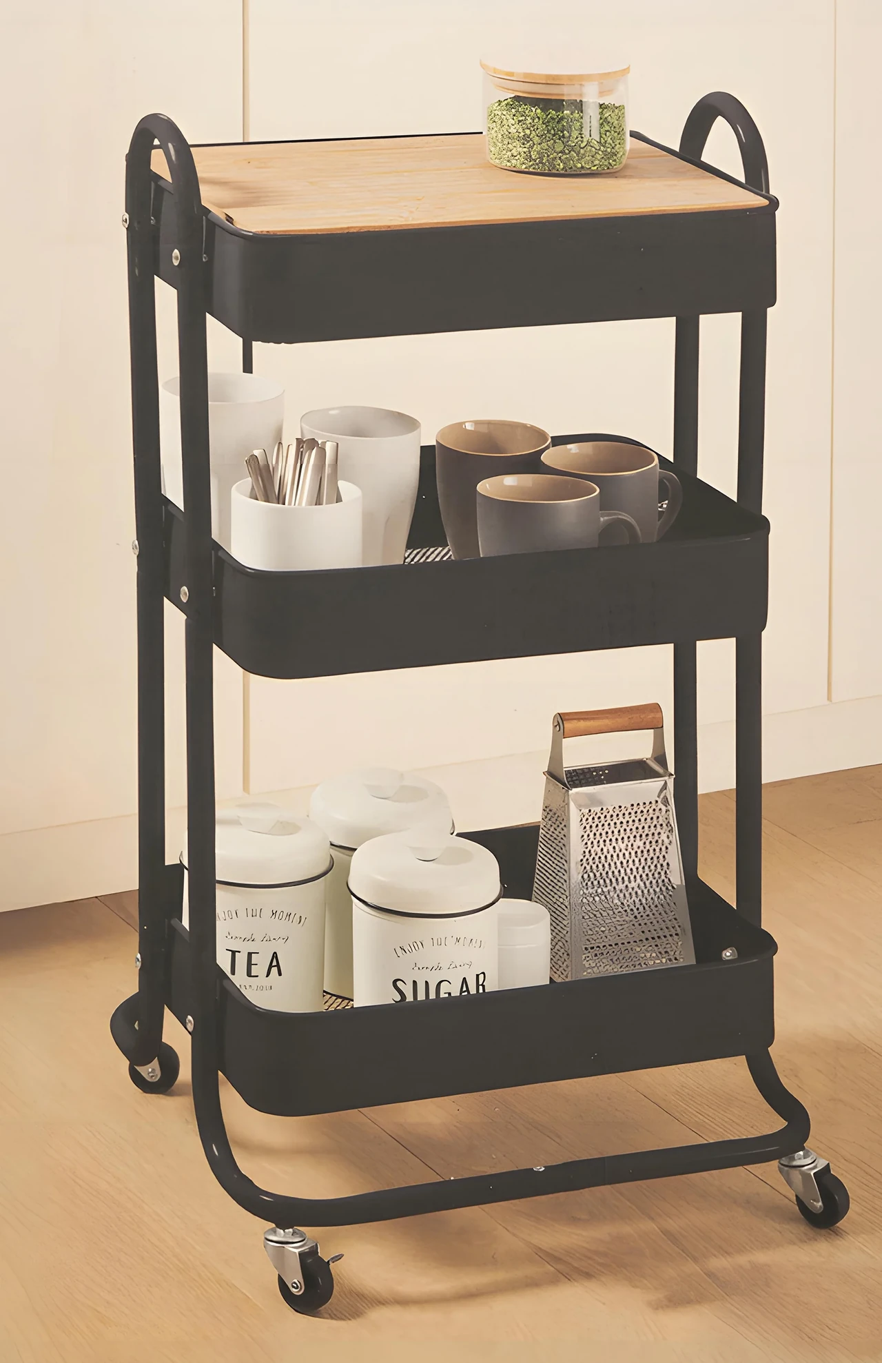 3-Tier Rolling Kitchen Cart with Wooden Top