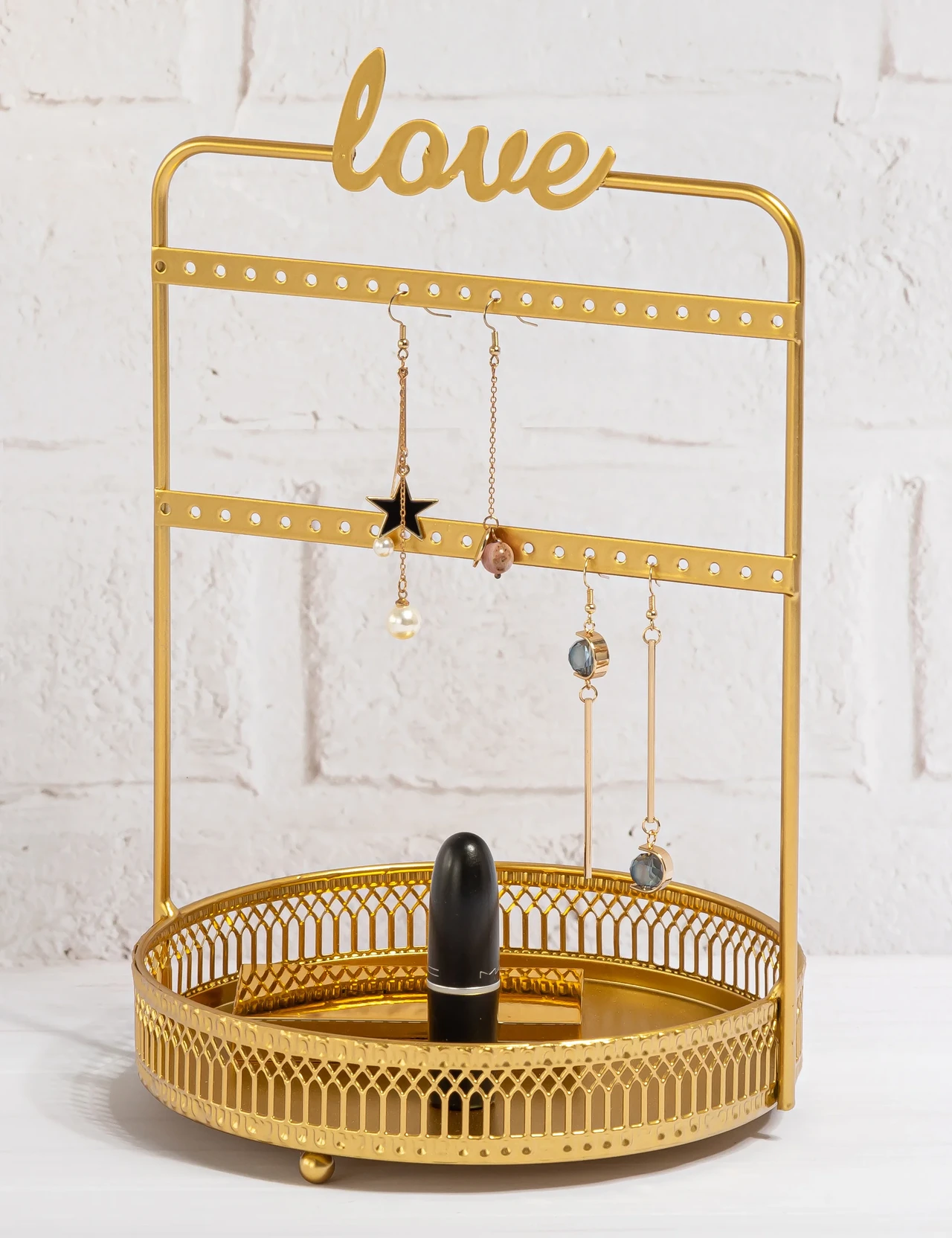 Gold Metal Jewelry Organizer Stand with Earring Hooks and Lipstick Holder