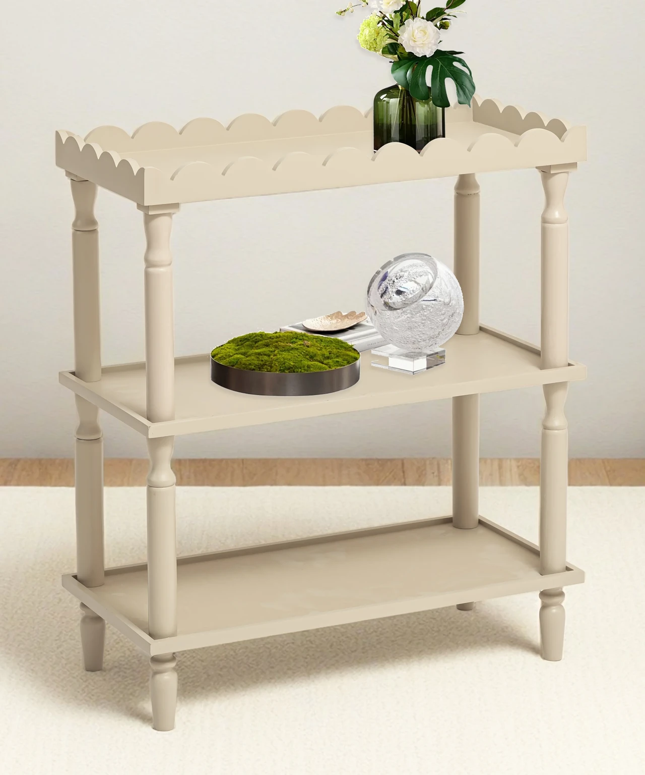 3-Tier Wooden Console Table with Scalloped Top