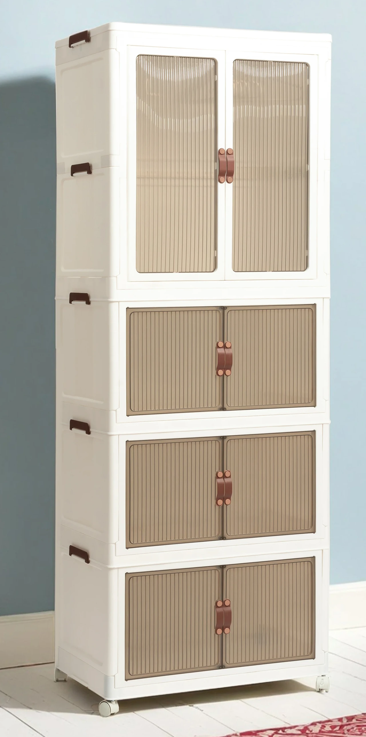 White Plastic Modular Storage Cabinet with Beige Doors and Wheels