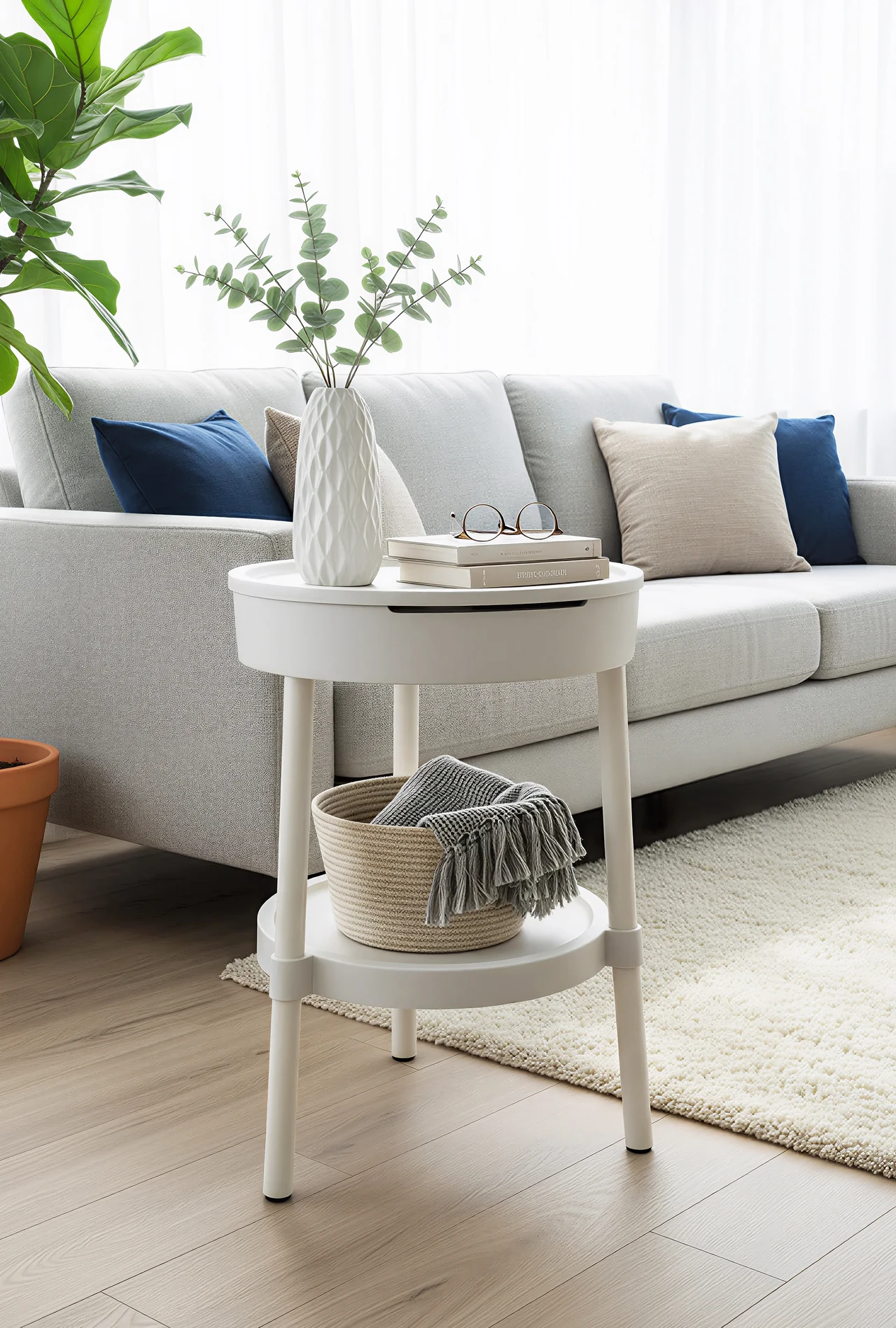 White 2-tier round side table with drawer