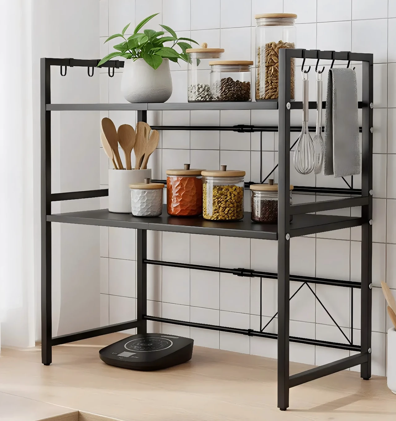 Kitchen Metal Storage Shelf with Hooks