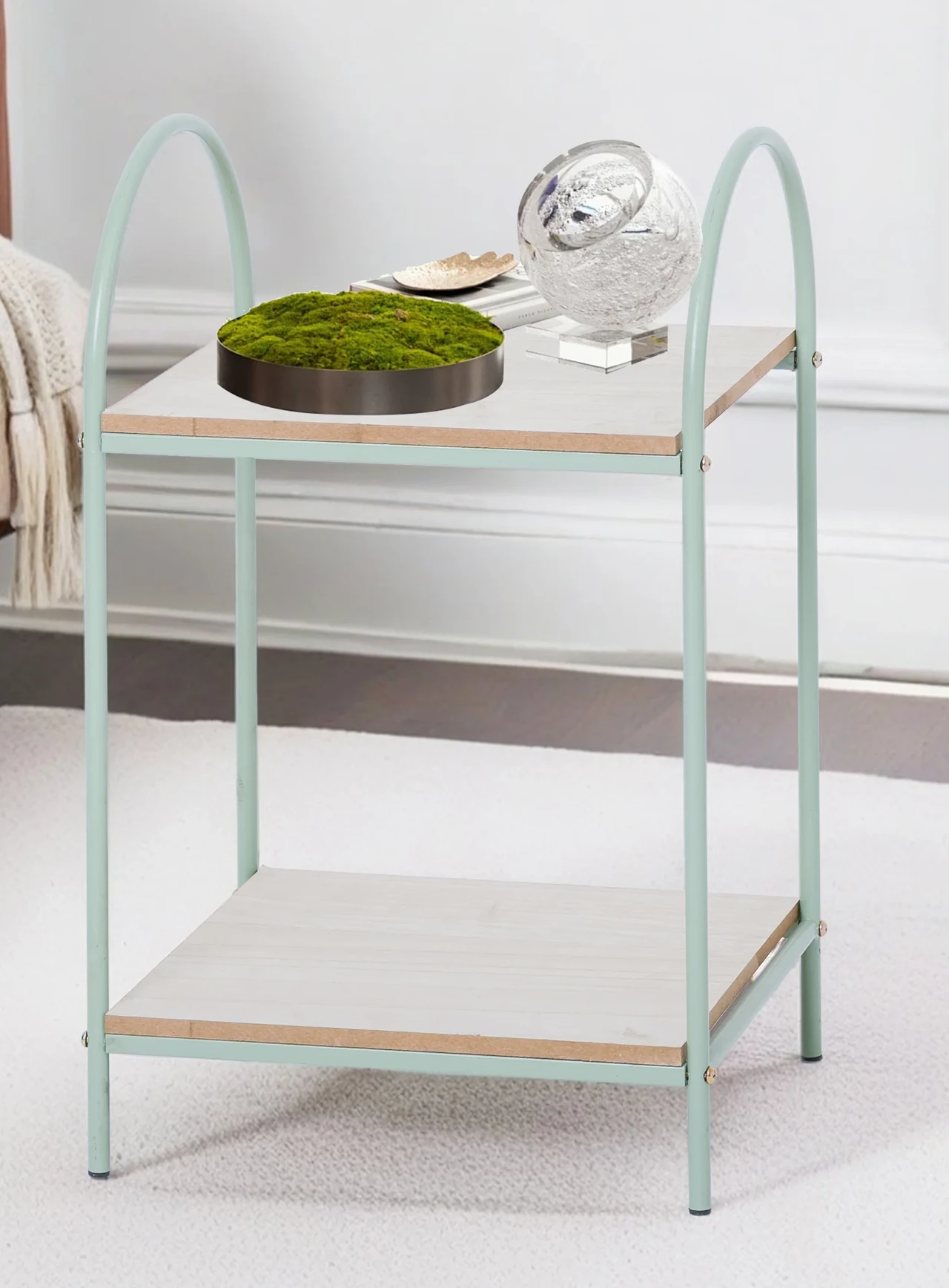 Two-tier metal and wood side table