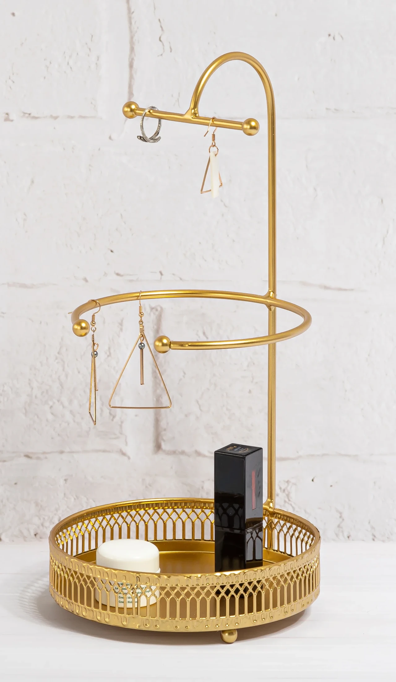 Gold Metal Jewelry Display Rack with Hanging Hooks and Storage Tray