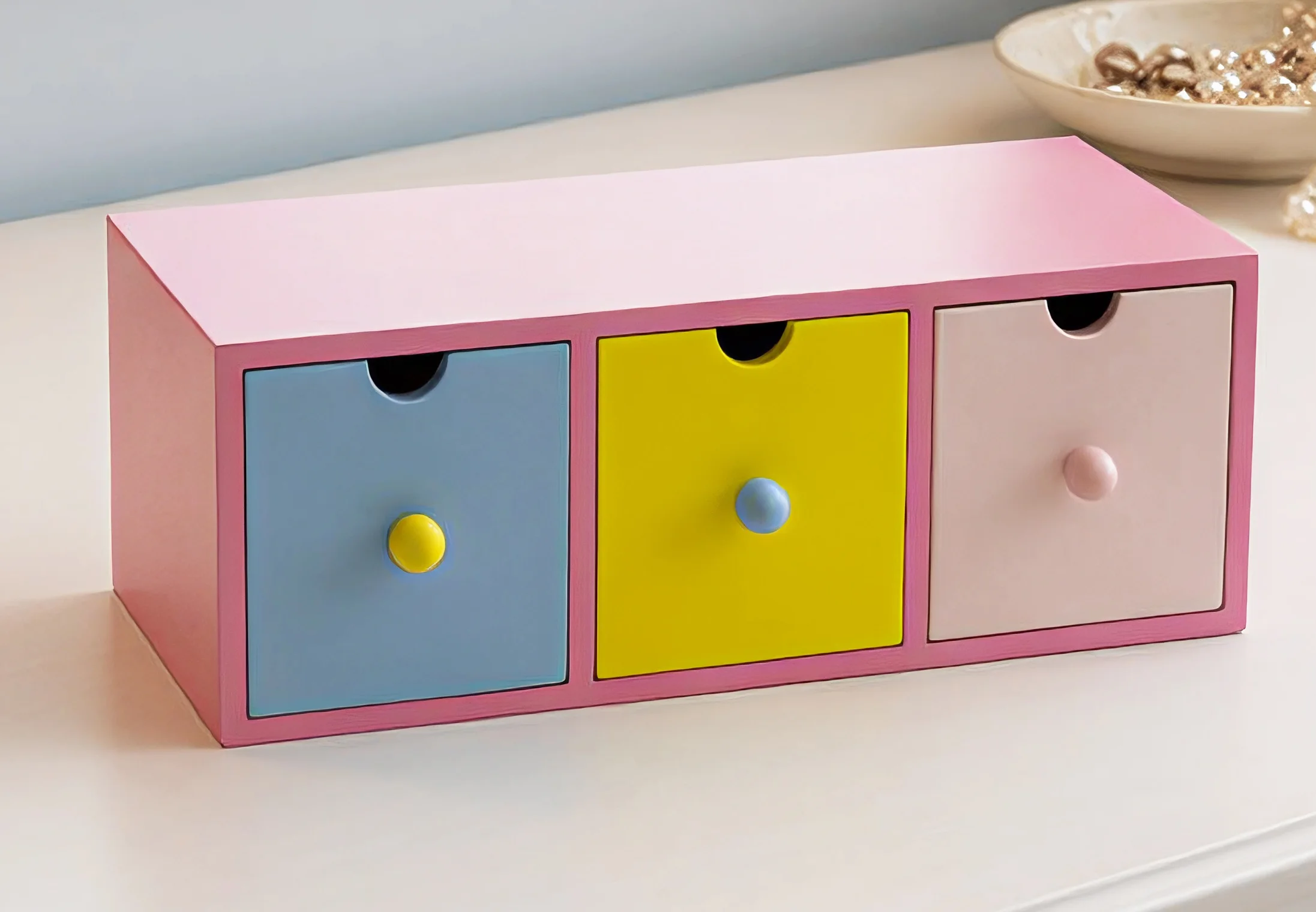 Colorful Wooden Desktop Storage Box with 3 Drawers