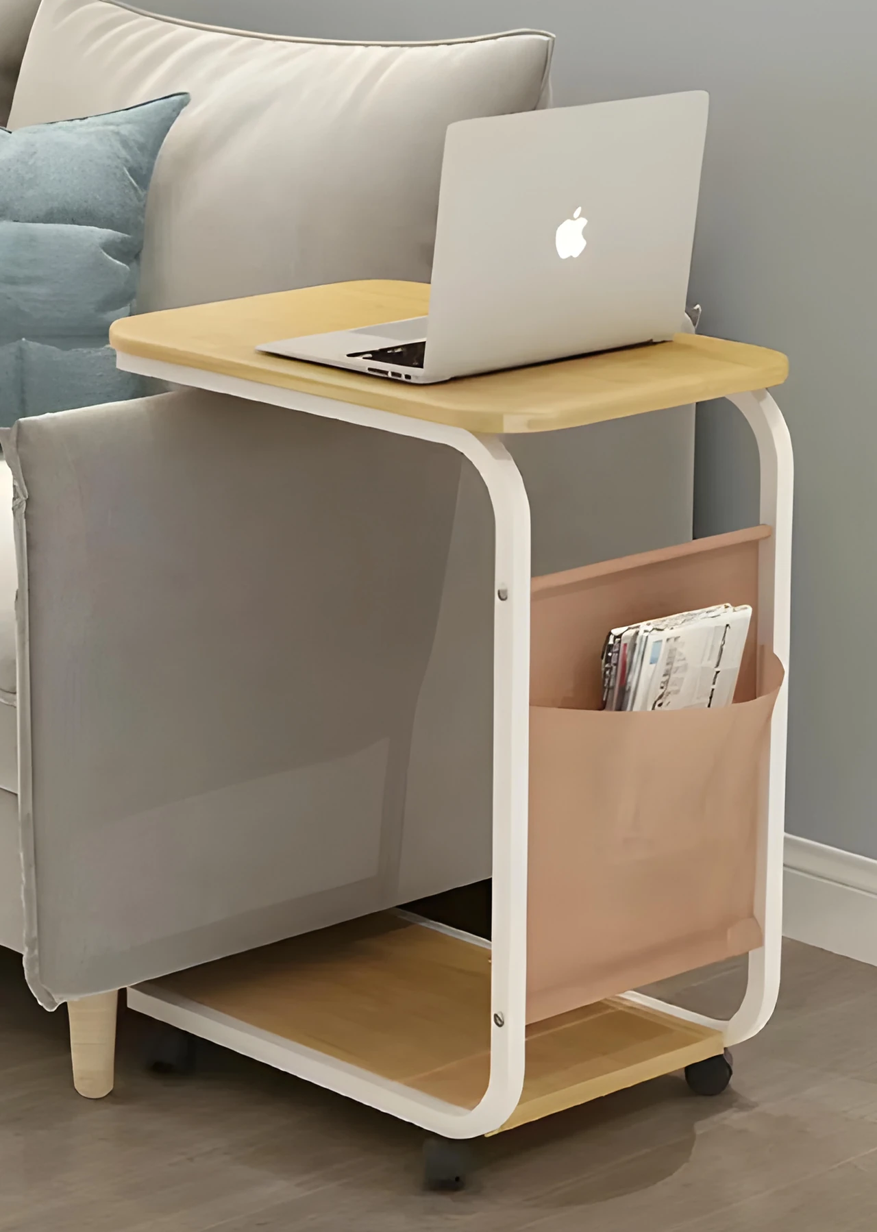 Mobile Wooden Side Table with Fabric Organizer and Shelf