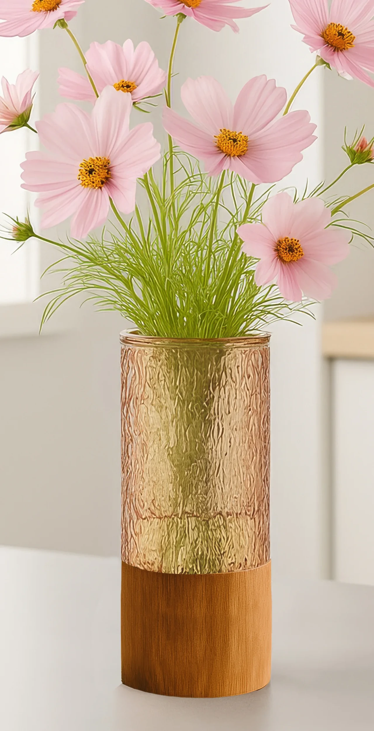 Textured amber glass vase with wooden base