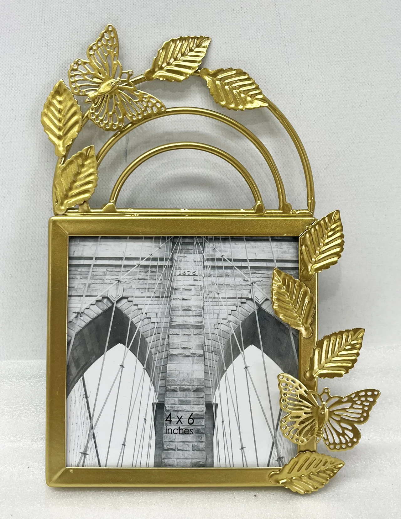 Gold Metal Picture Frame with Butterfly and Leaf Decoration