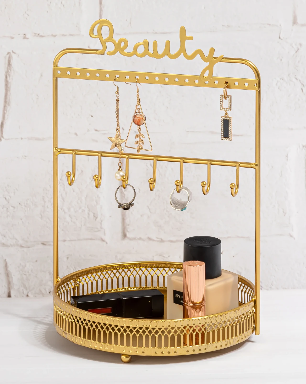 Gold Metal Jewelry and Cosmetic Organizer Rack