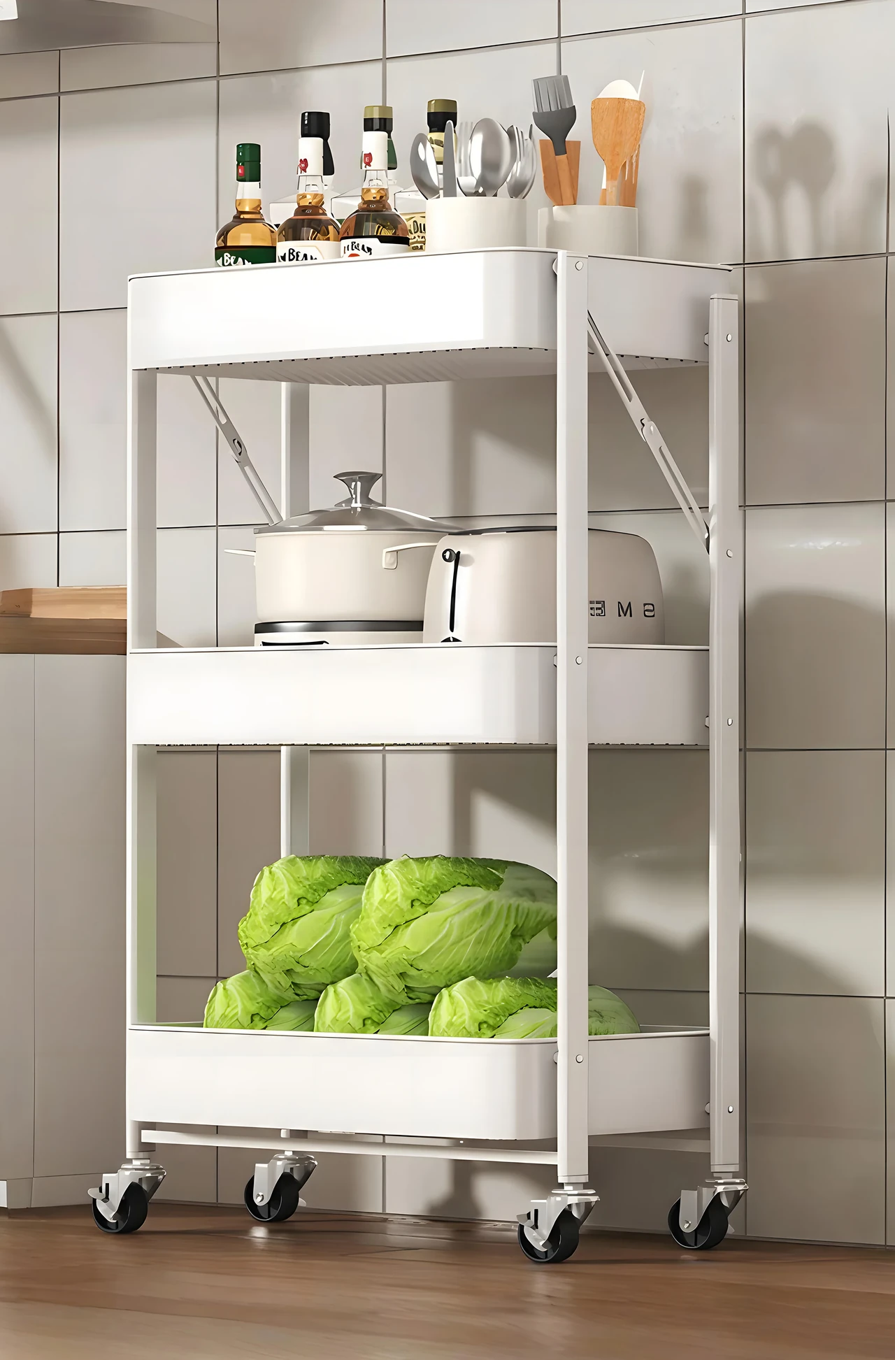3-Tier White Kitchen Cart with Wheels for Kitchen Storage