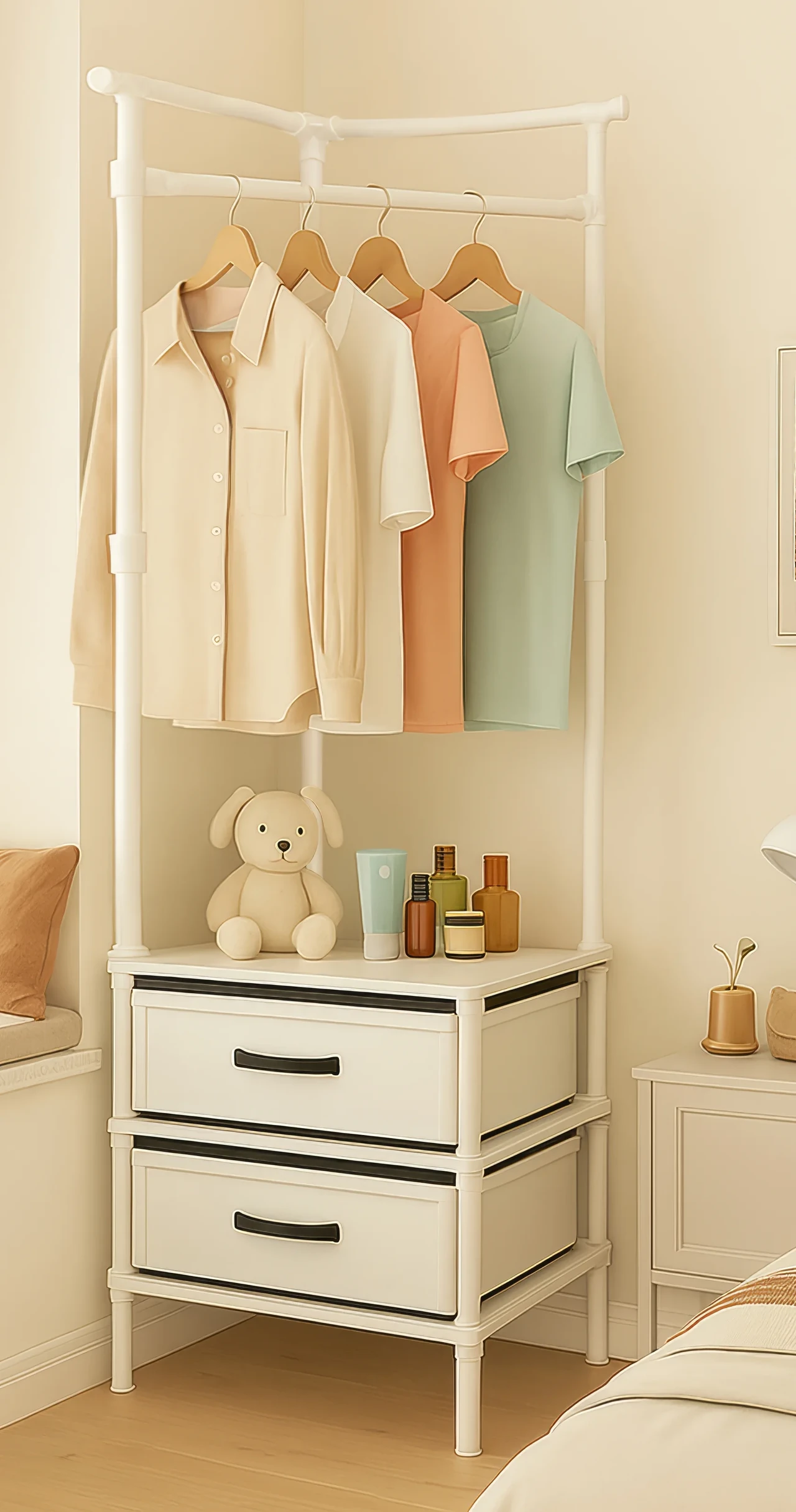 White pipe clothing rack with storage drawers and hanging bar for bedroom