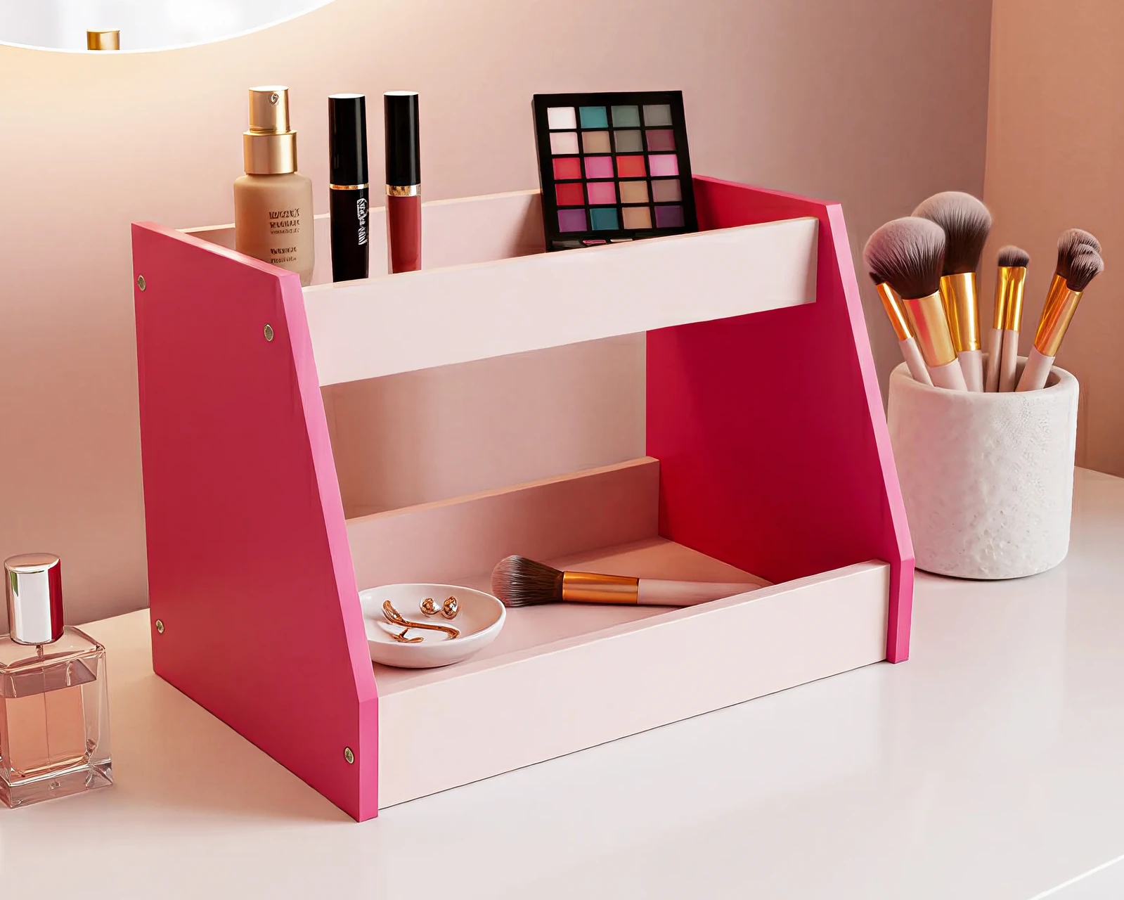 Two-tier wooden cosmetic organizer