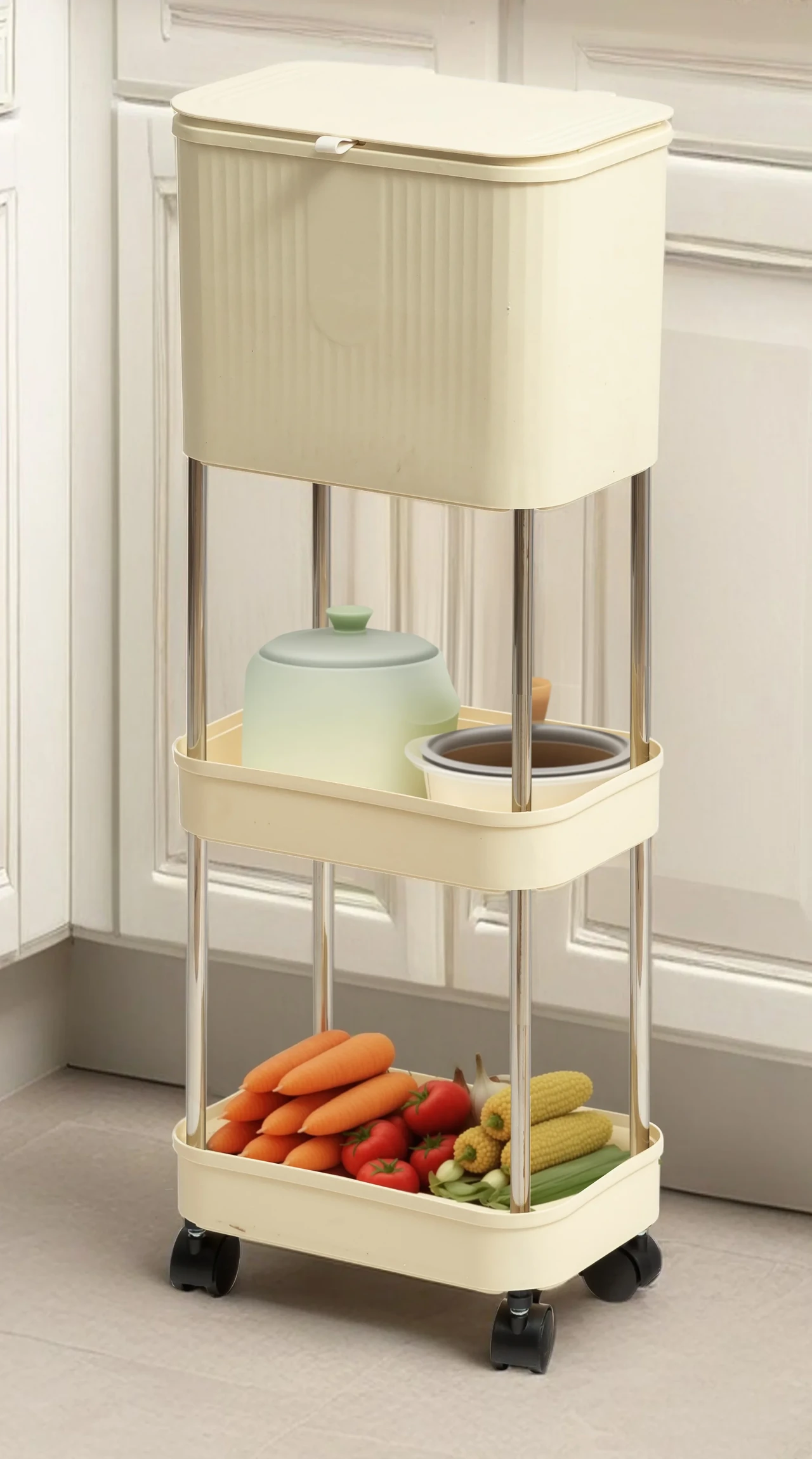 3-Tier Kitchen Utility Cart with Trash Bin and Rolling Shelves