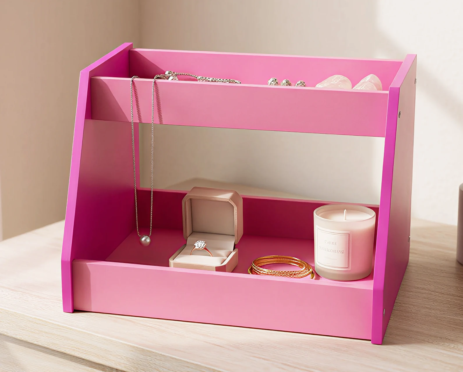 Pink Wooden Two-Tier Jewelry Organizer Display Stand