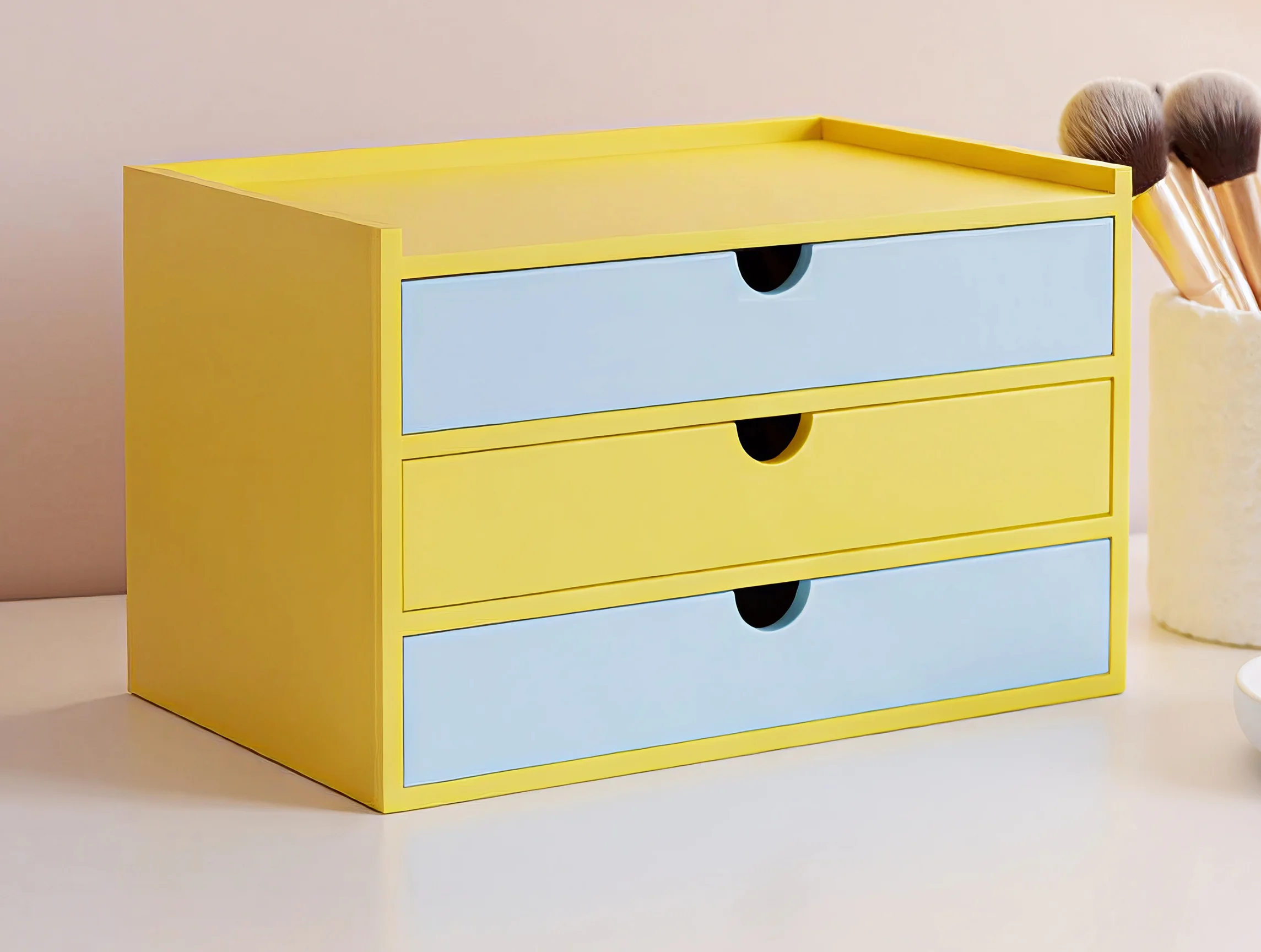 Wooden 3-Drawer Makeup Storage Box with Top Tray