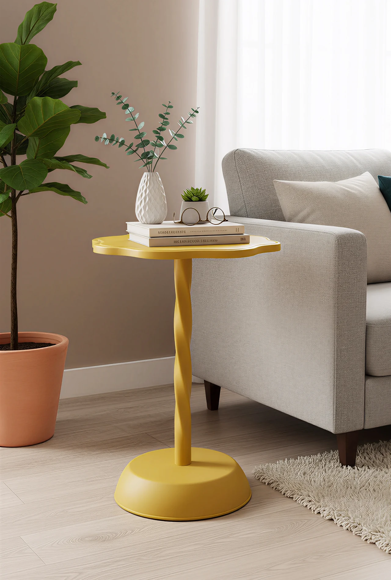 Yellow Scalloped Top Side Table with Twisted Leg