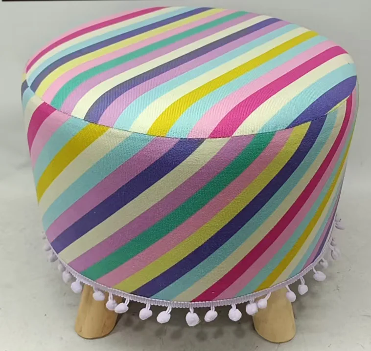 Round Striped Fabric Ottoman with Wooden Legs