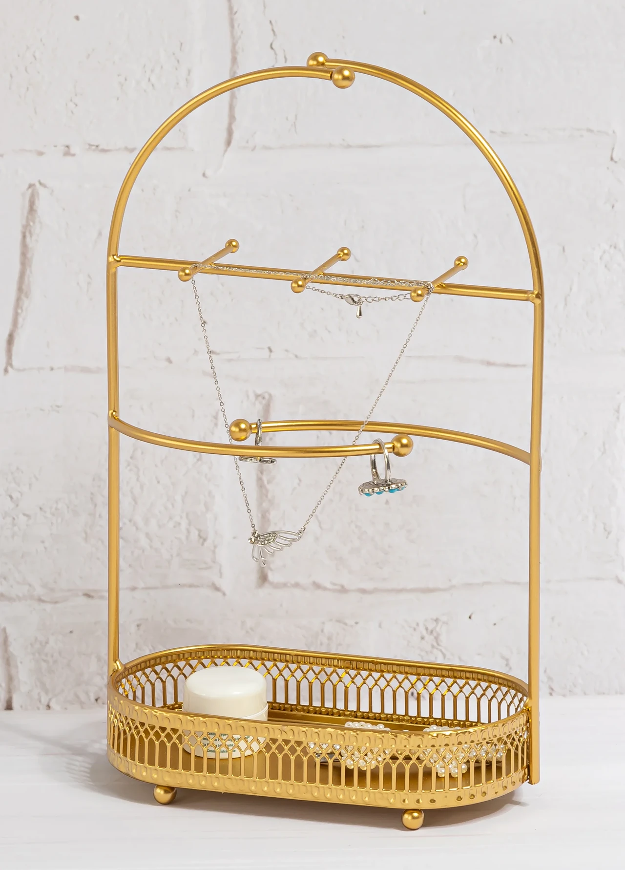 Gold Metal Jewelry Stand with Hooks and Tray