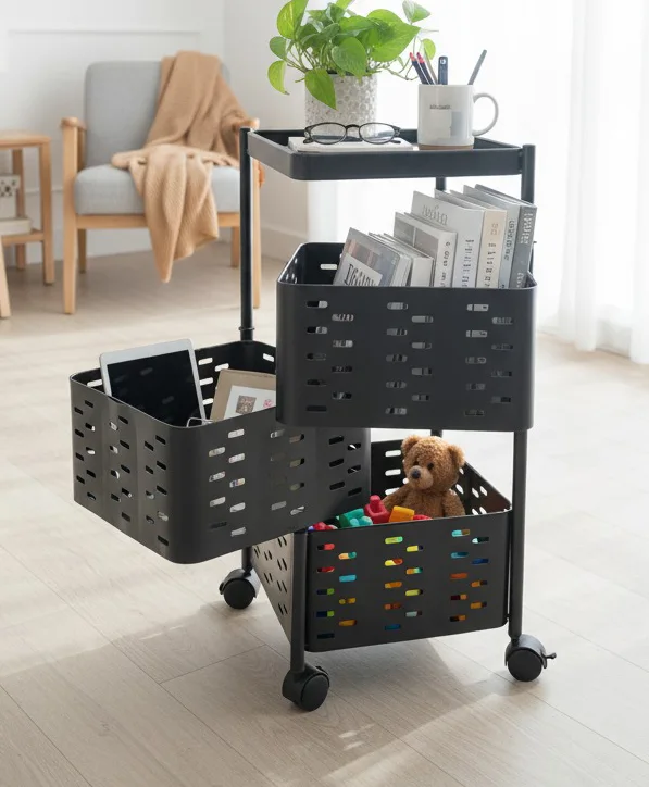Rolling Storage Cart with Baskets and Tray