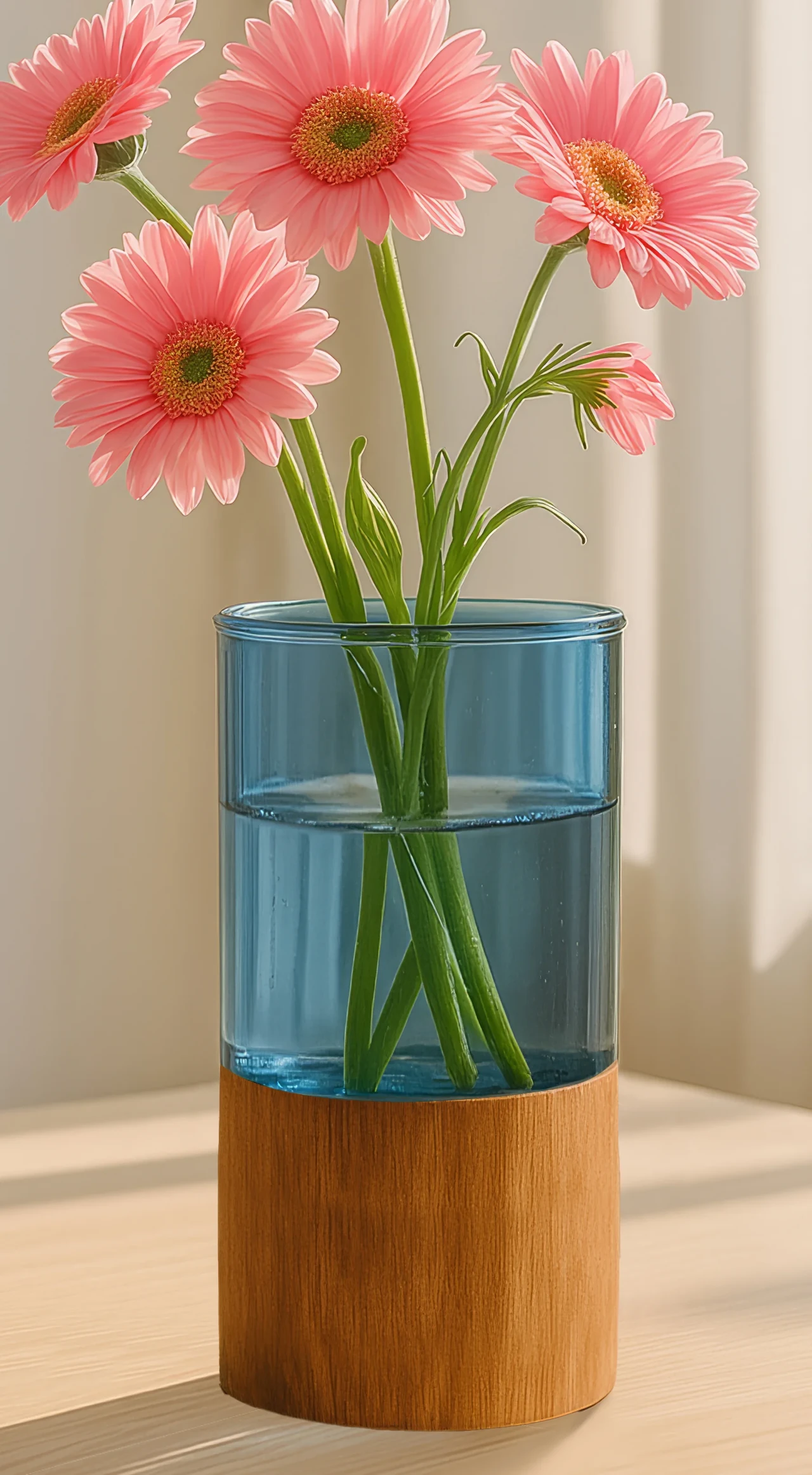 Blue Glass and Wood Flower Vase
