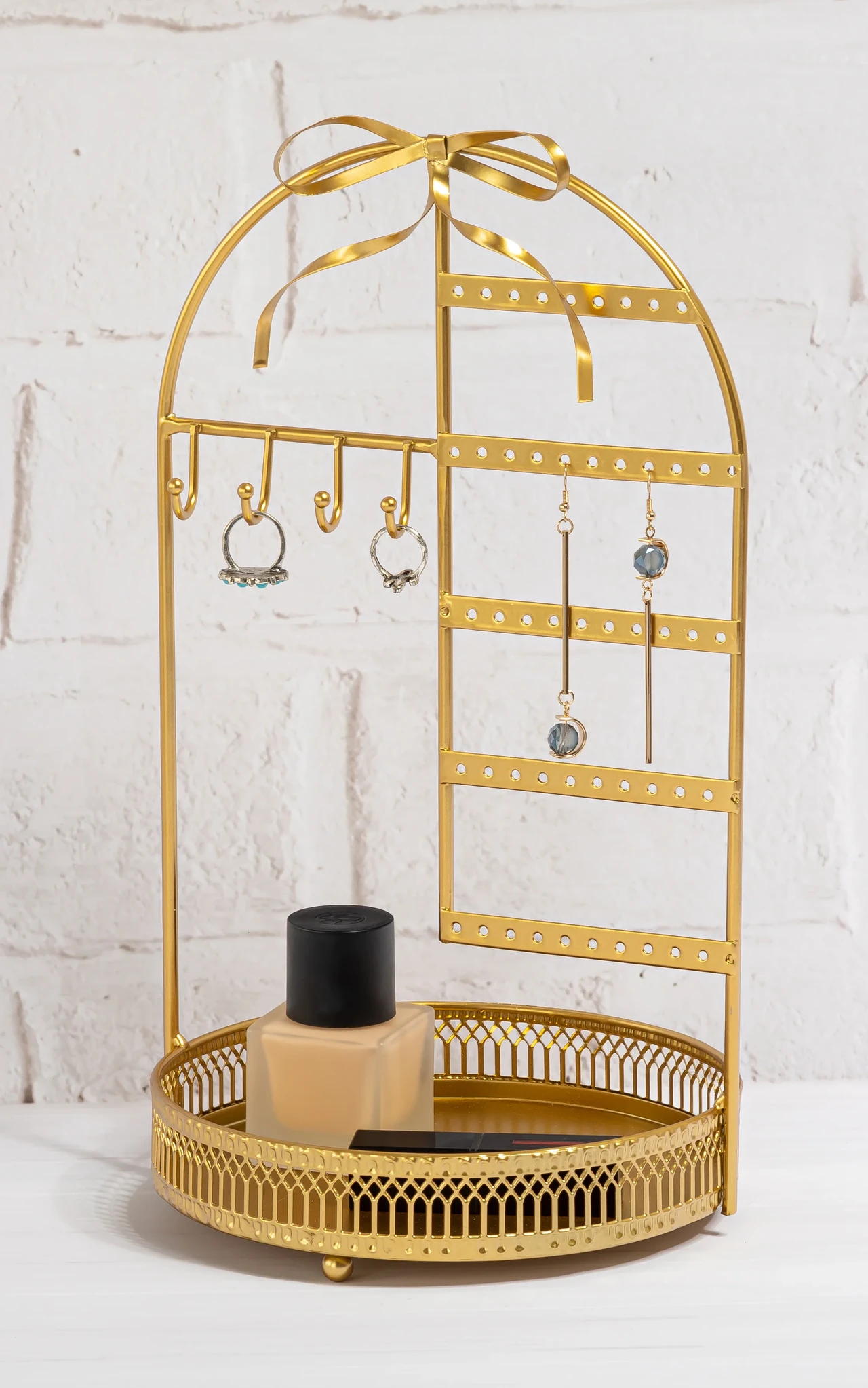 Gold Metal Birdcage Jewelry Organizer with Hooks and Tray