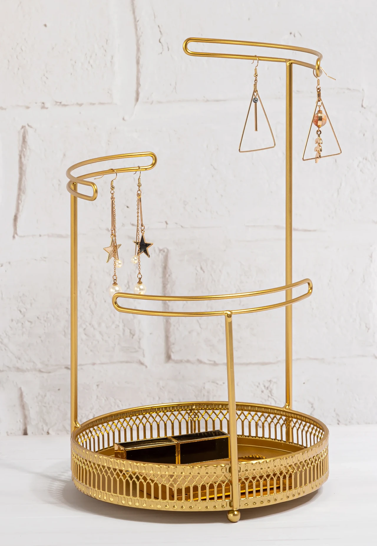 Gold Metal Jewelry Organizer Stand with Earring Hooks and Storage Tray