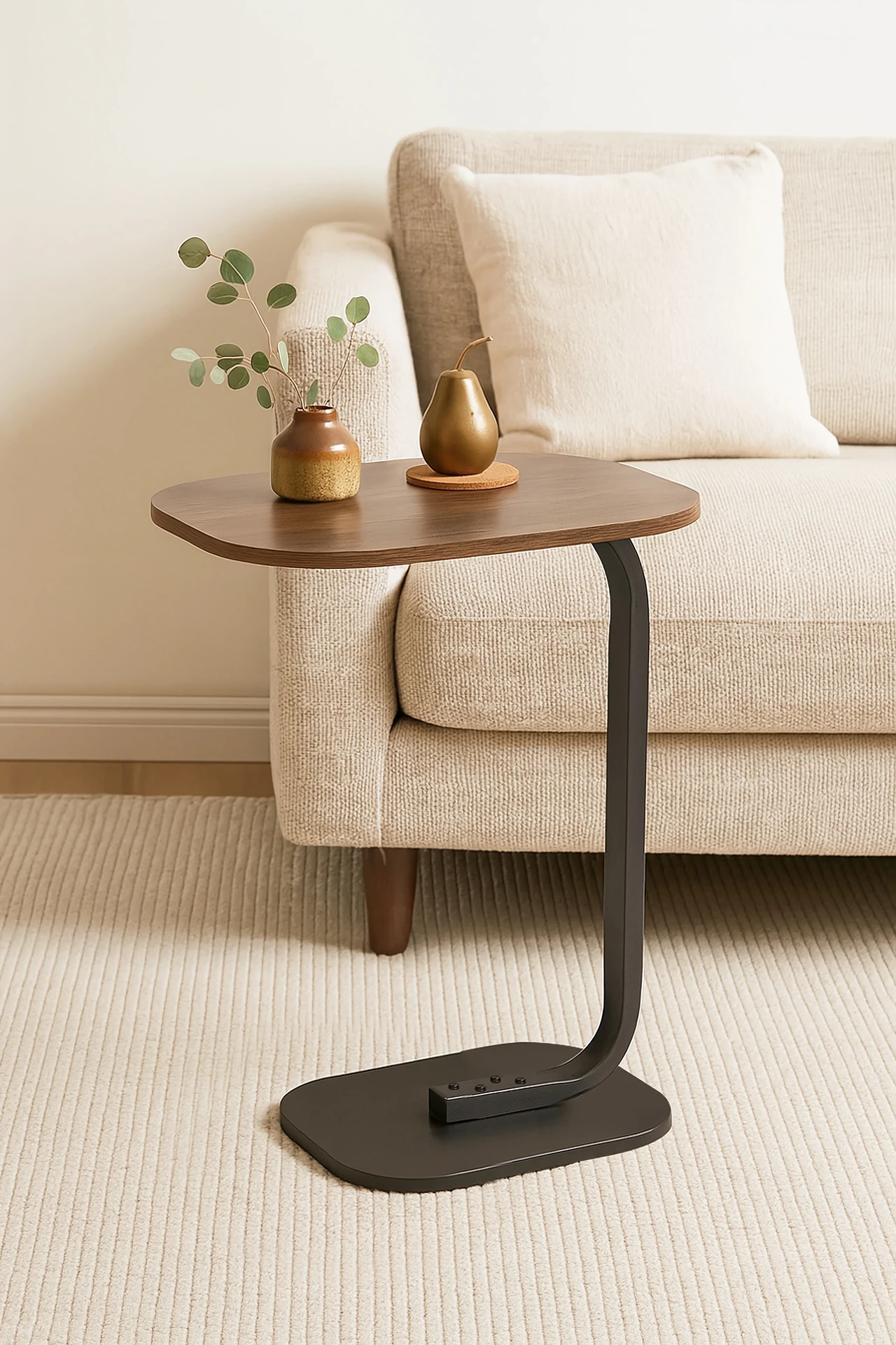 Modern Wooden Side Table with Curved Metal Base