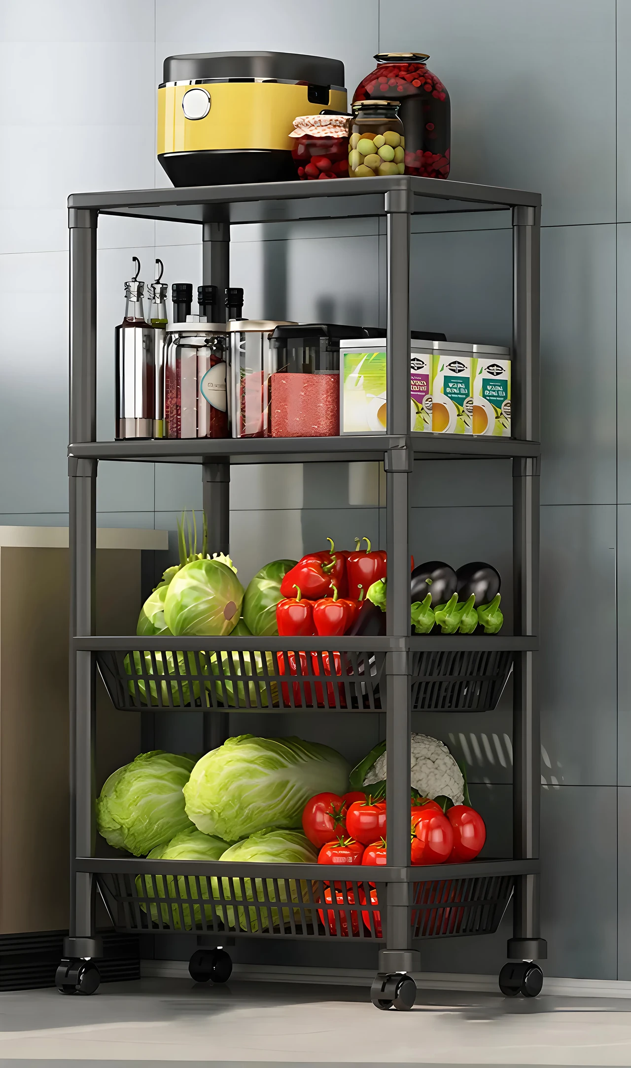 4-Tier Rolling Kitchen Storage Cart with Baskets