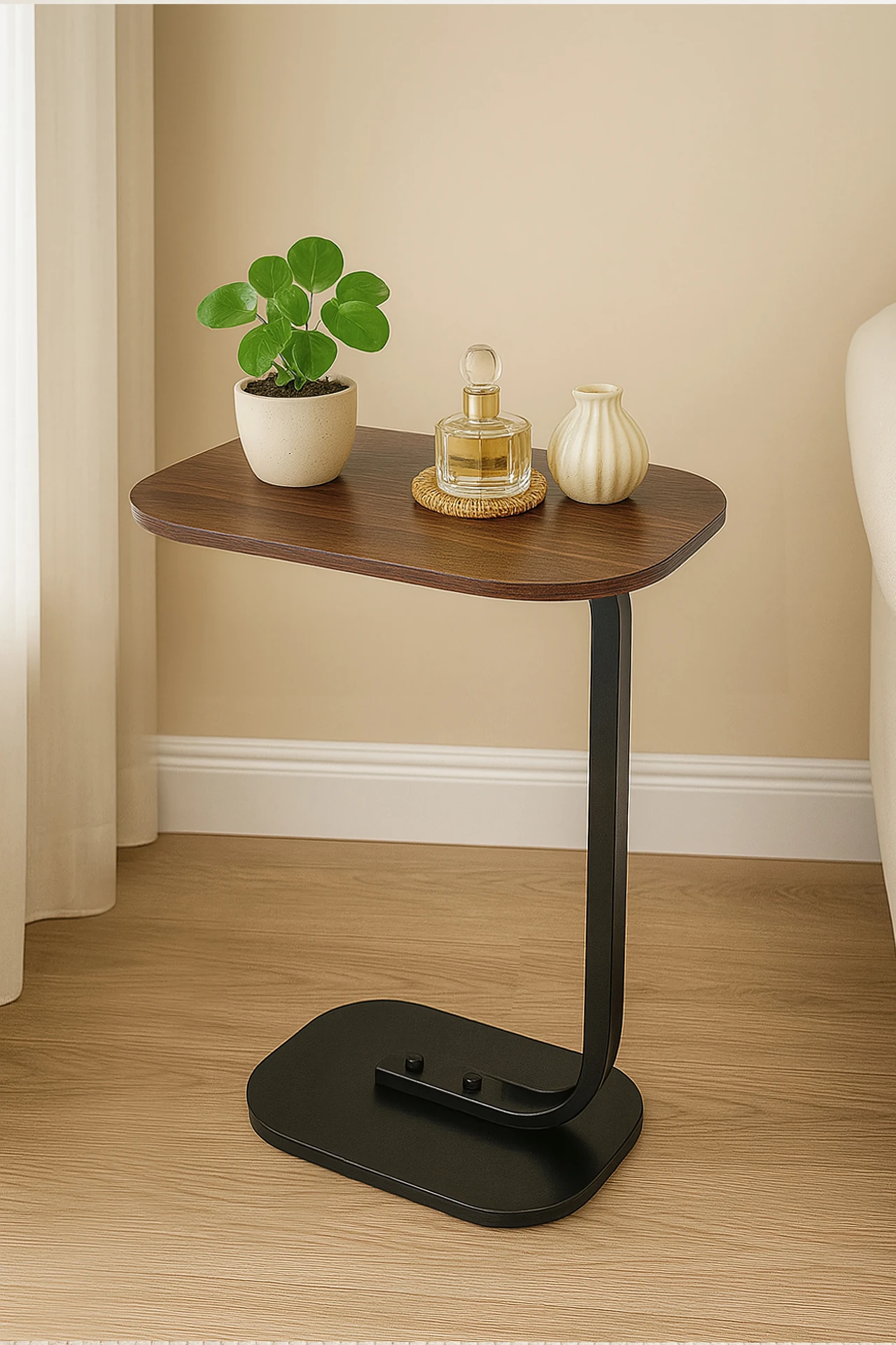 Wooden Top Curved Metal Frame Side Table