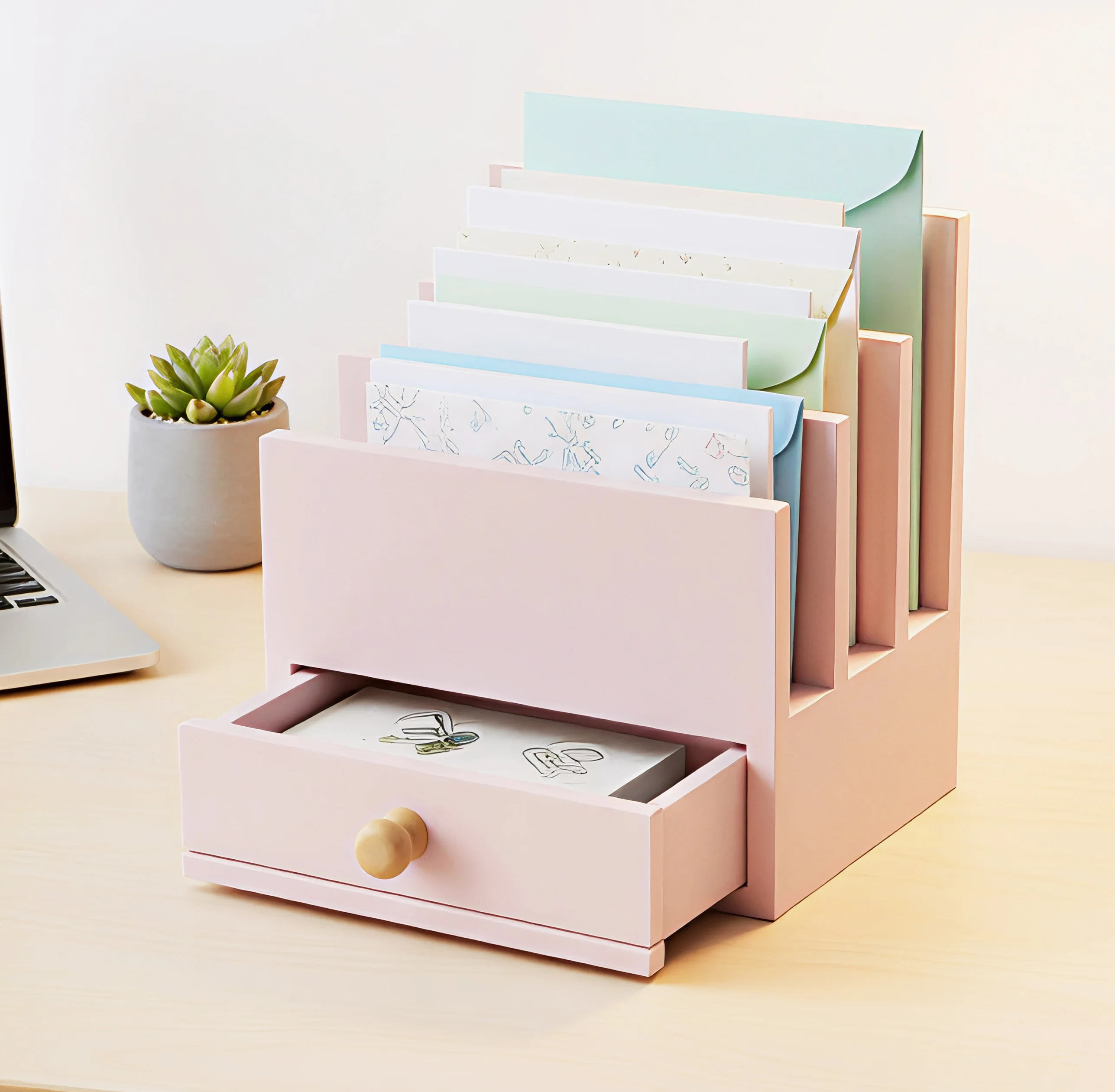 Pink Wooden Desk Organizer with Drawer and File Slots