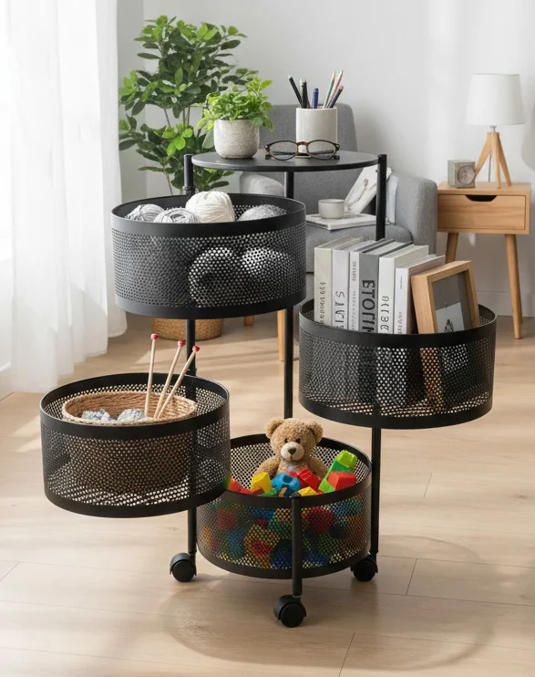 Black 4-Tier Rolling Storage Cart with Perforated Metal Baskets