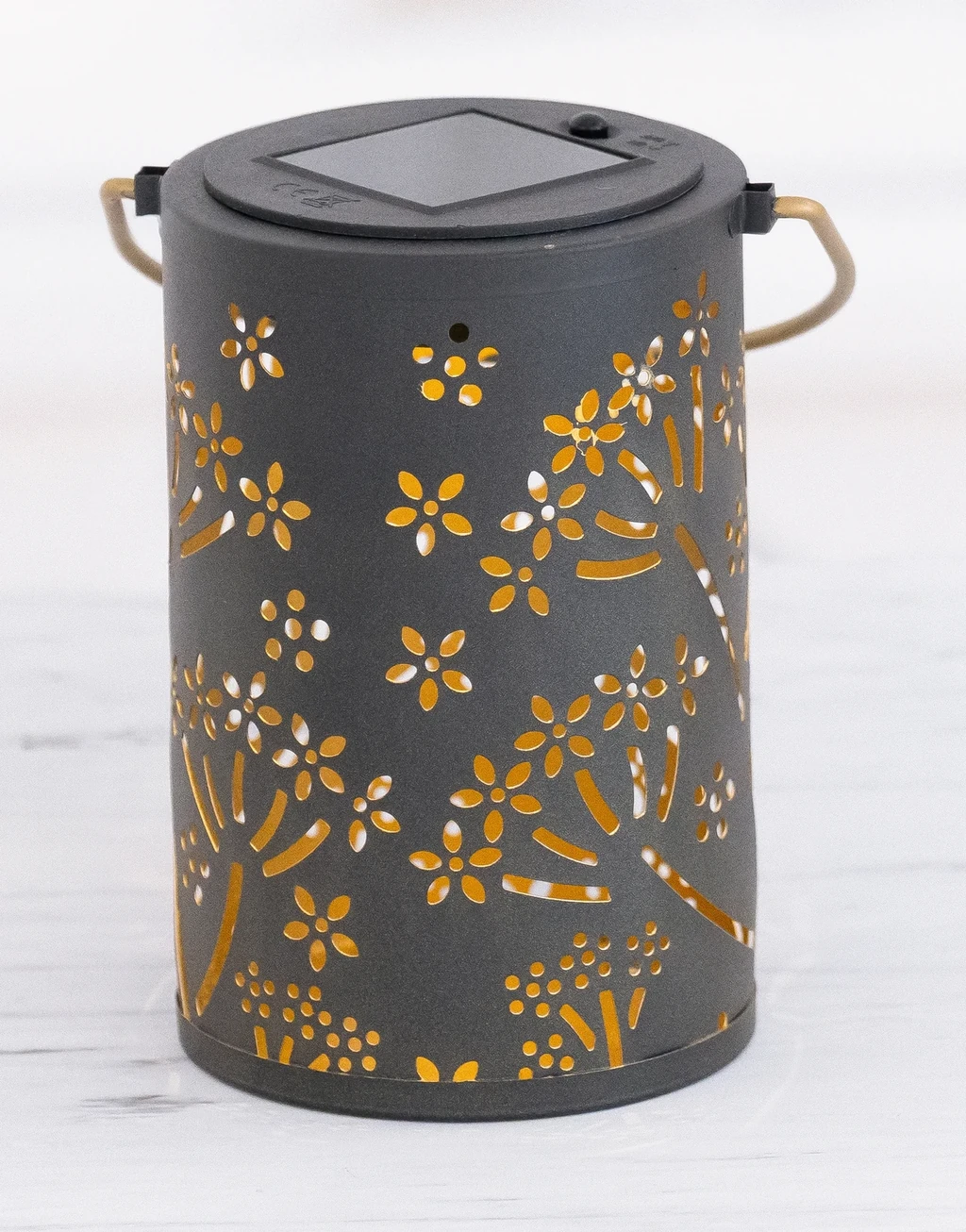 Black Solar Powered Metal Lantern with Floral Cutout Pattern