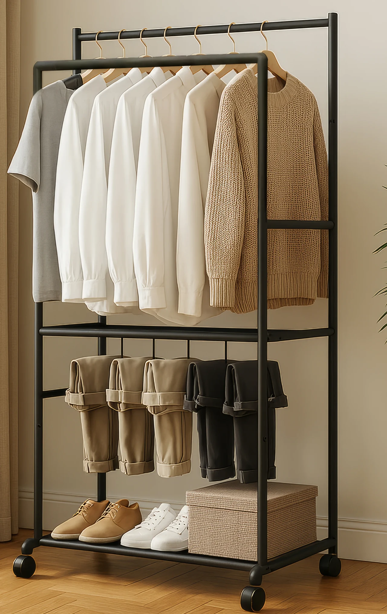 Mobile Garment Rack with Hanging Rods and Shelf