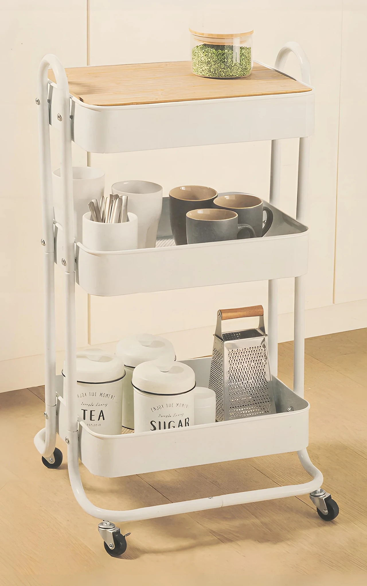 3-Tier Kitchen Utility Cart with Wooden Top