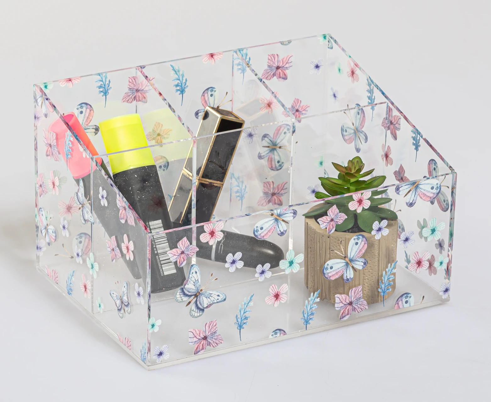 Acrylic Makeup Organizer Box with Butterfly Print