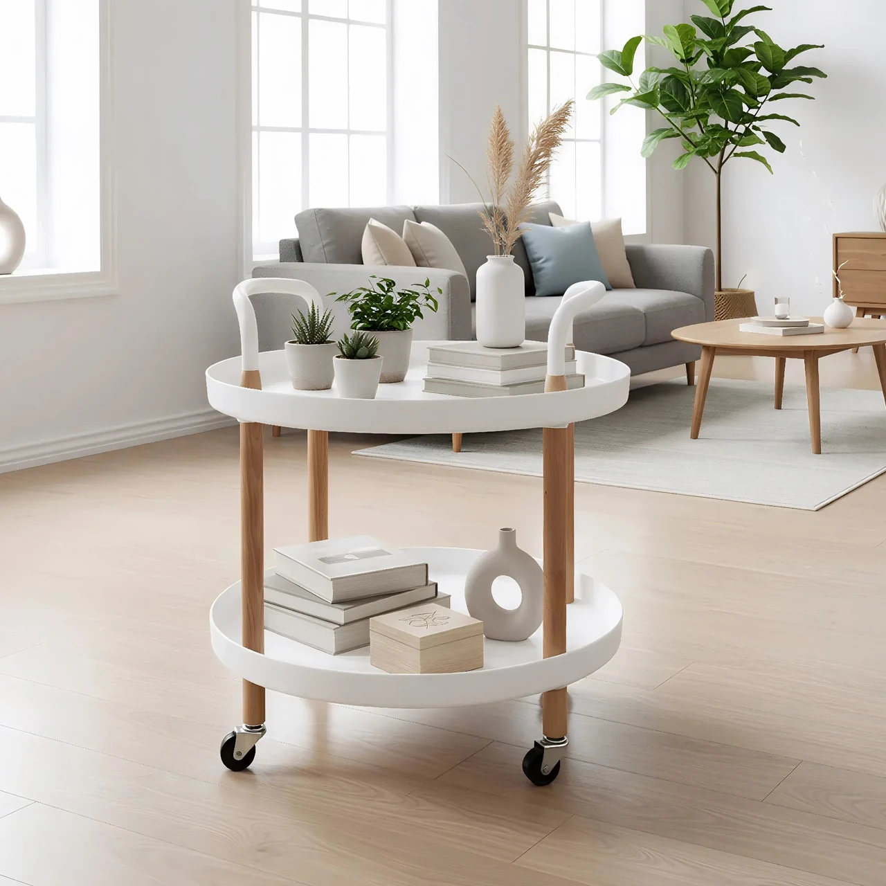 2-Tier Round Serving Cart with Wooden Legs