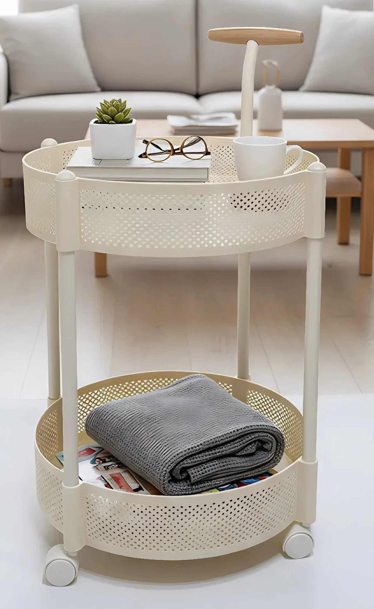 Two-tier perforated plastic rolling cart