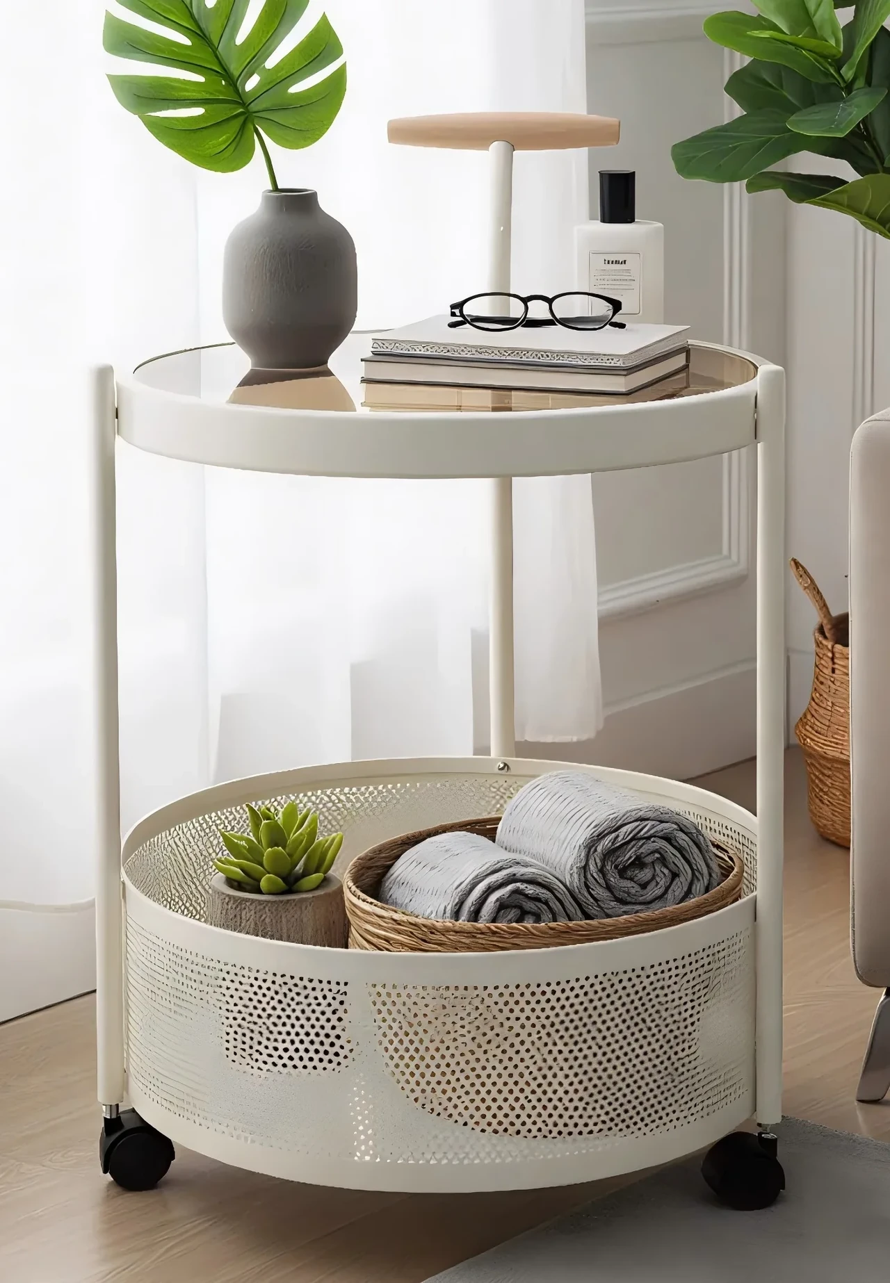 2-Tier Rolling Cart with Glass Top and Perforated Metal Basket