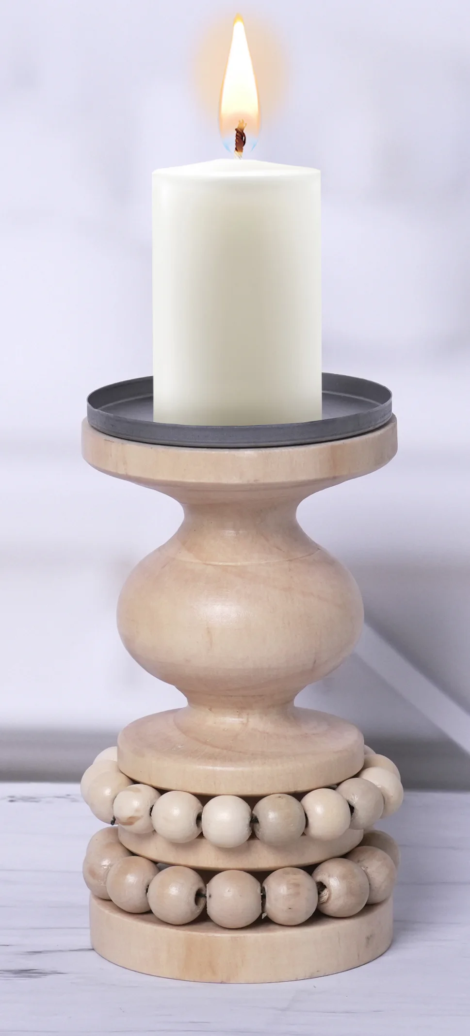 Wooden Candle Holder with Beaded Base