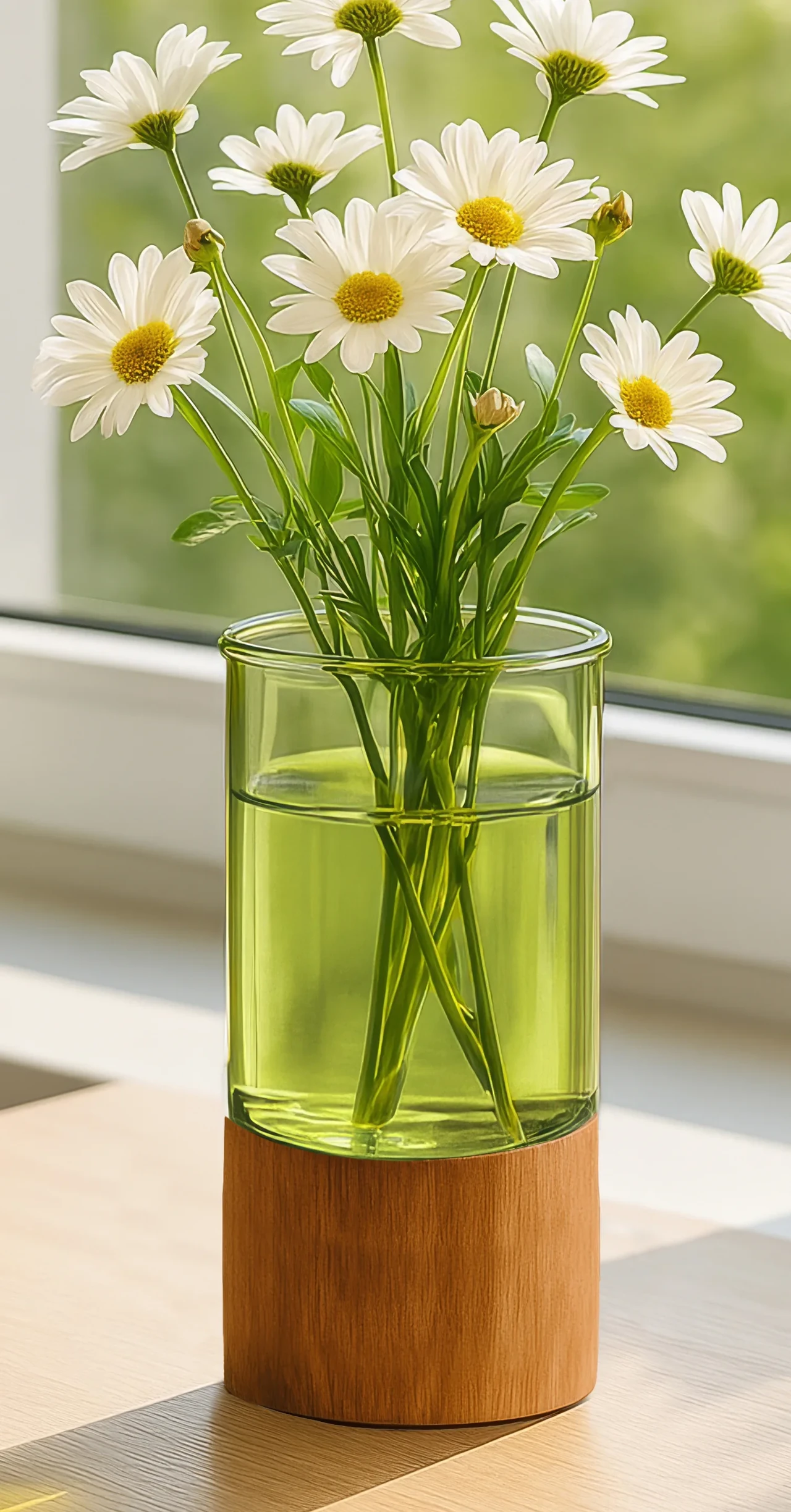 Green glass vase with wooden base