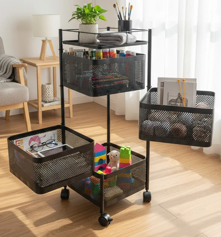 3-Tier Black Mesh Rolling Storage Cart with Drawers