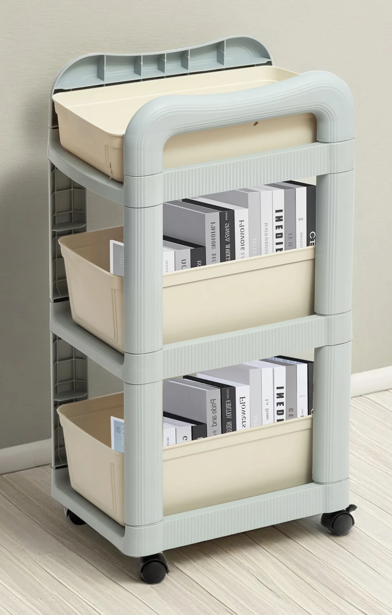 3-Tier Rolling Storage Cart with Beige Bins