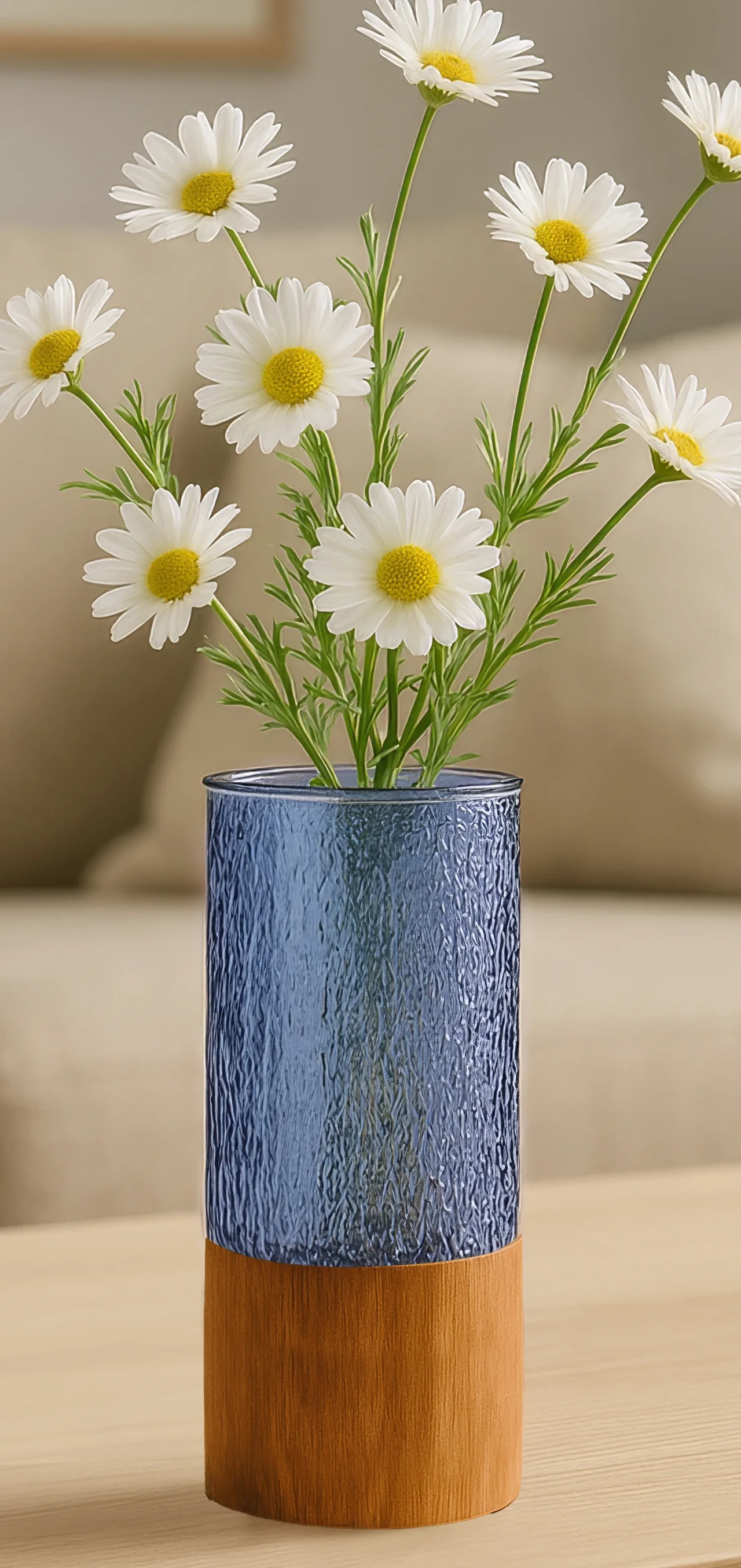 Blue Textured Glass Vase with Wooden Base
