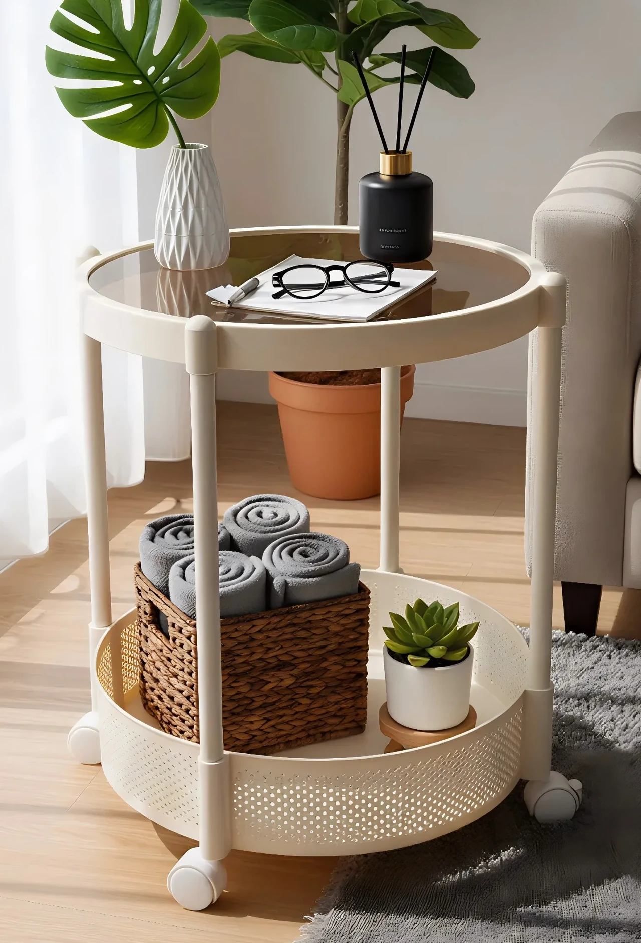 Round Two-Tier Glass Top Side Table
