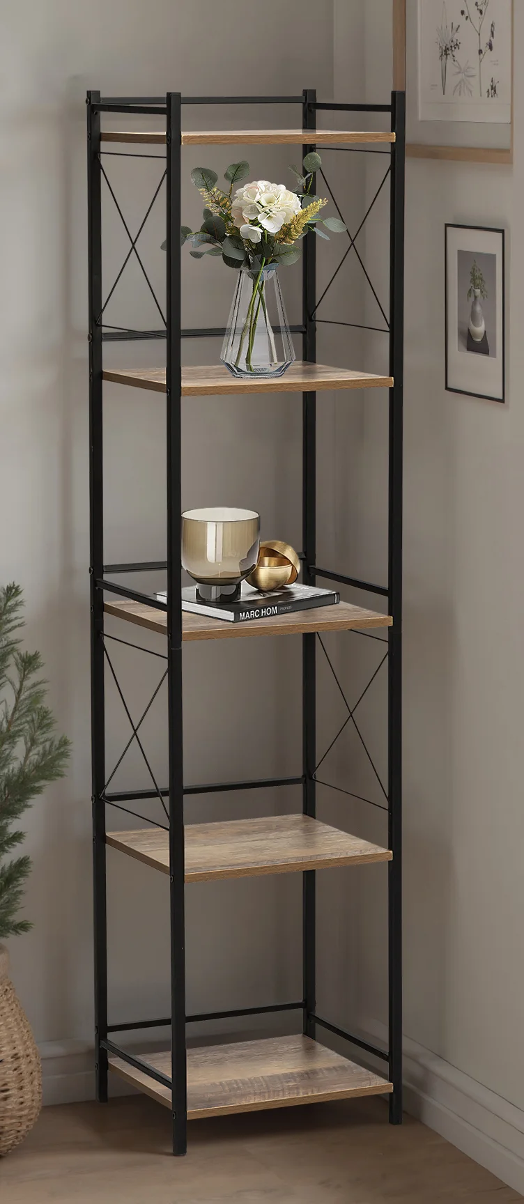 Tall Narrow 5-Tier Metal Wood Bookshelf